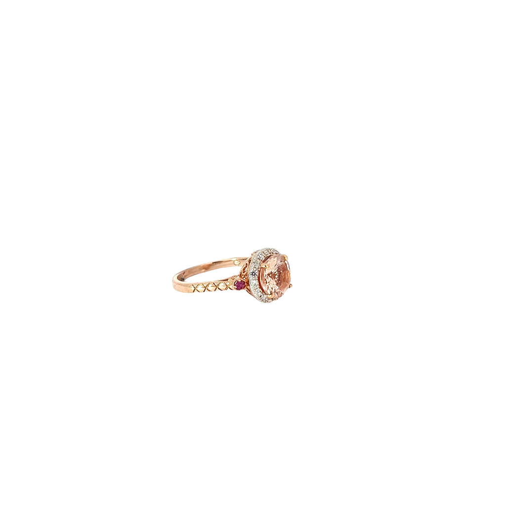 14k Rose Gold 2.00ct  Morganite, .10ct G SI1 Round Diamond and Round  Pink Sapphire ring