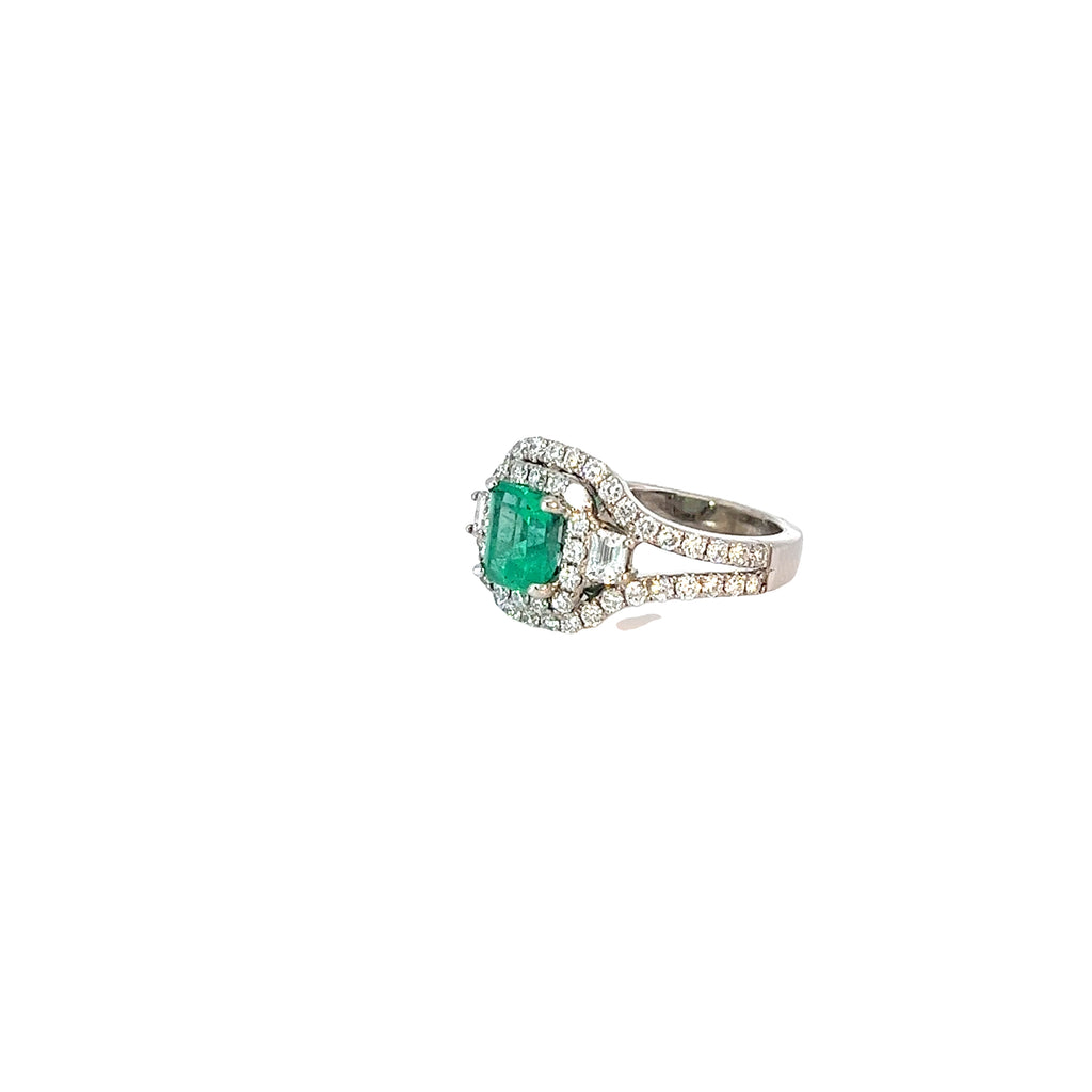 18k White Gold 1.00ct F VS2 Round Diamond and .95ct Radiant Shape Columbian Emerald Ring