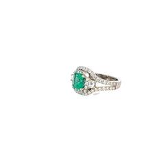 18k White Gold 1.00ct F VS2 Round Diamond and .95ct Radiant  Shape Columbian Emerald Ring
