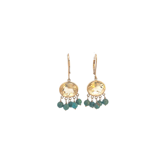 14k Yellow Gold Citrine and Turquoise Drop Earrings