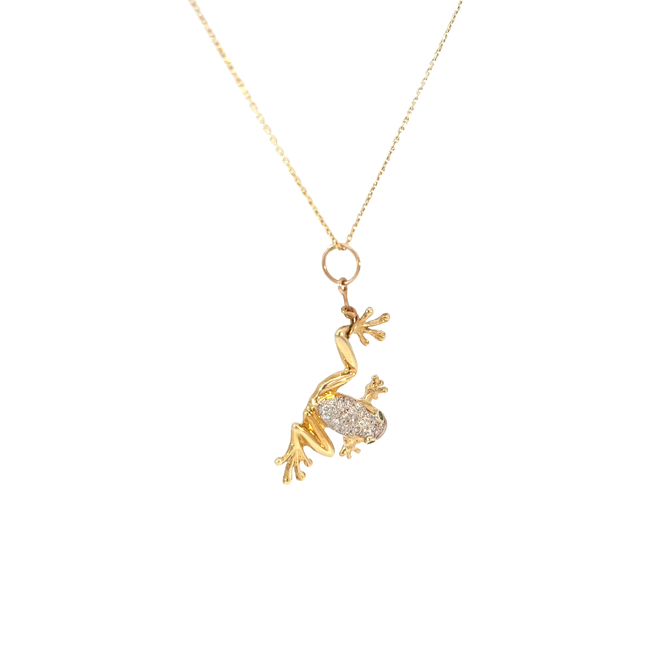 18k Yellow Gold .25ct E VS2 Round Diamond Frog Necklace with Round Emerald Eyes