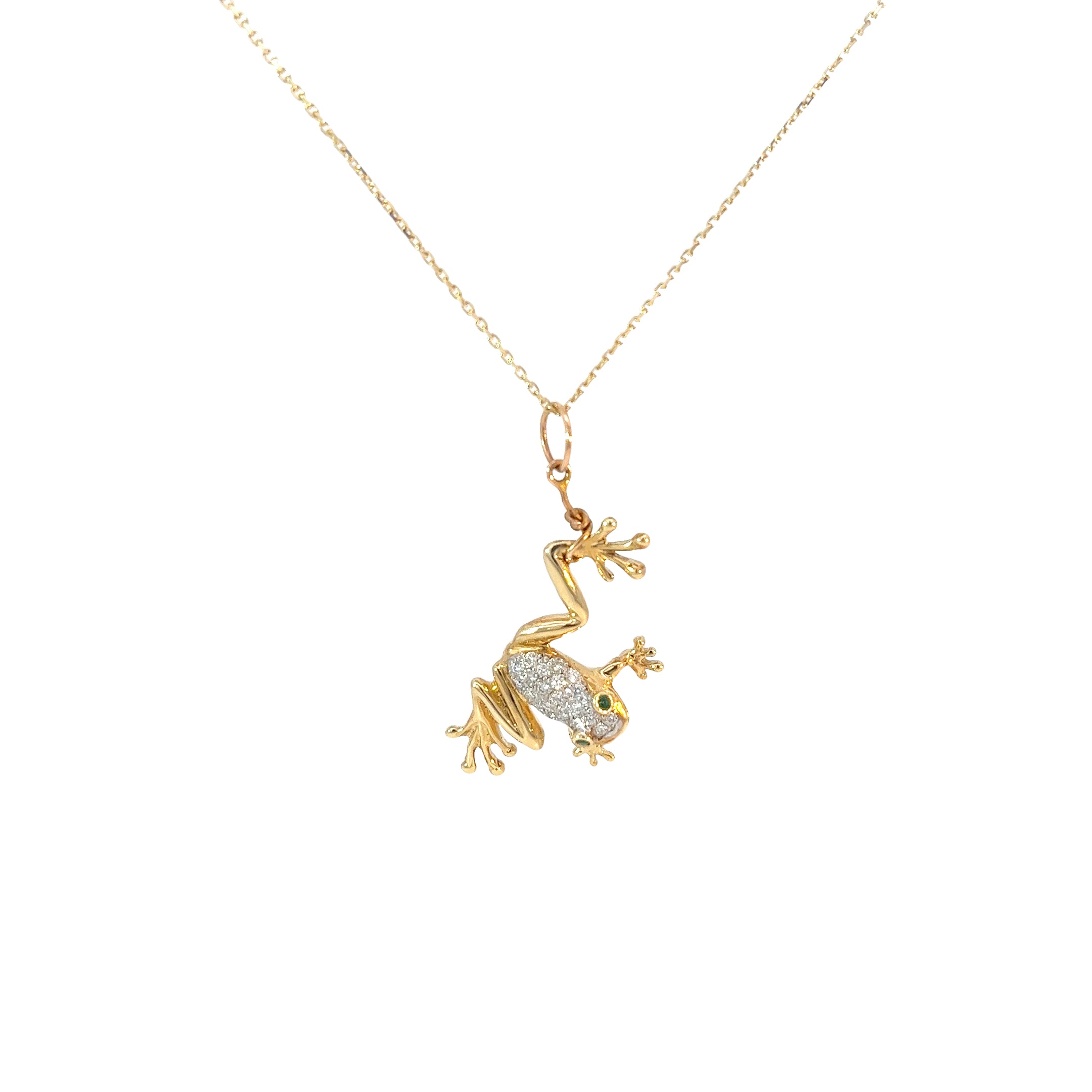 18k Yellow Gold .25ct E VS2 Round Diamond Frog Necklace with Round Emerald Eyes