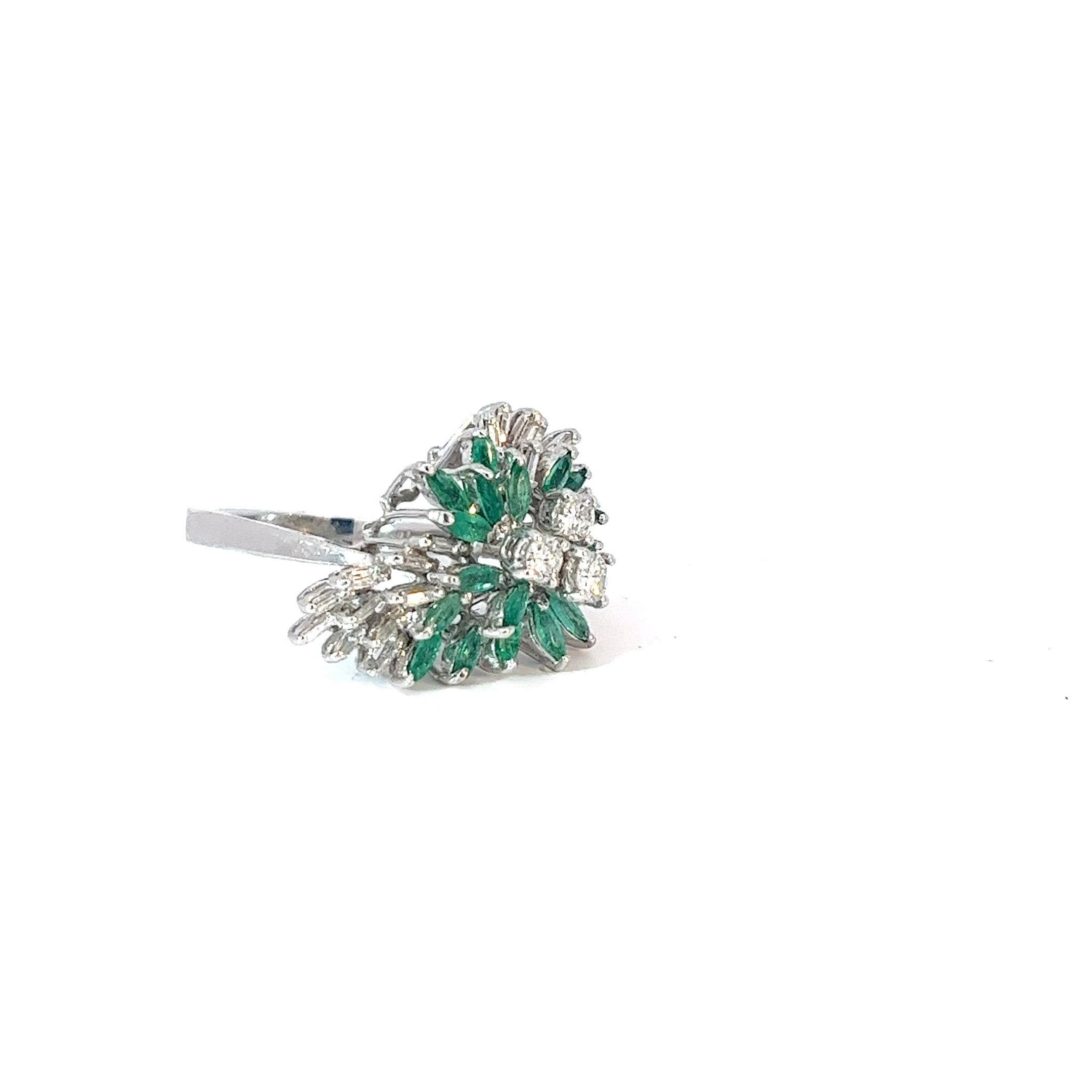 18k White Gold 1.15ct Marquise Emerald and 1.25ct F VS2  Round and Baguette Diamond Vintage Ring