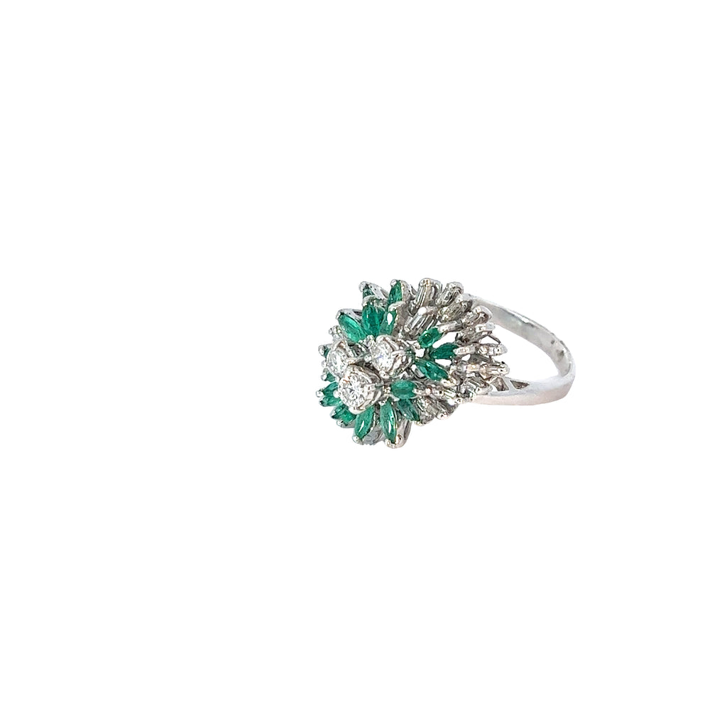18k White Gold 1.15ct Marquise Emerald and 1.25ct F VS2  Round and Baguette Diamond Vintage Ring