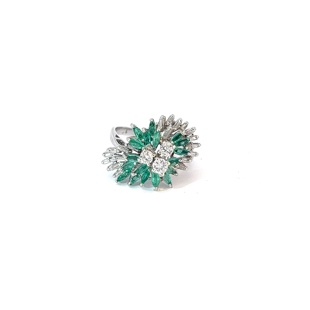 18k White Gold 1.15ct Marquise Emerald and 1.25ct F VS2  Round and Baguette Diamond Vintage Ring