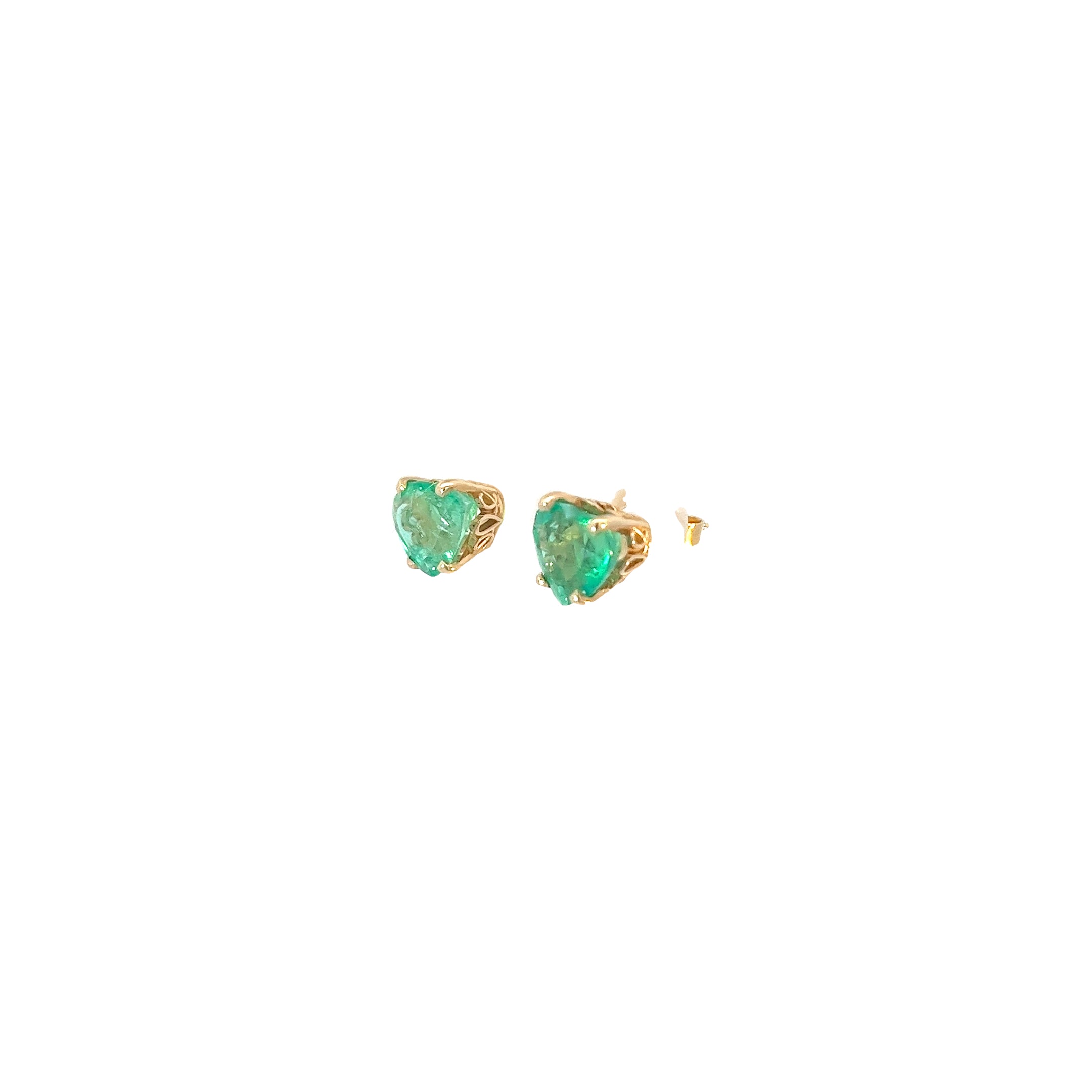 14k Yellow Gold 3.42ct Emerald Heart Stud Earrings