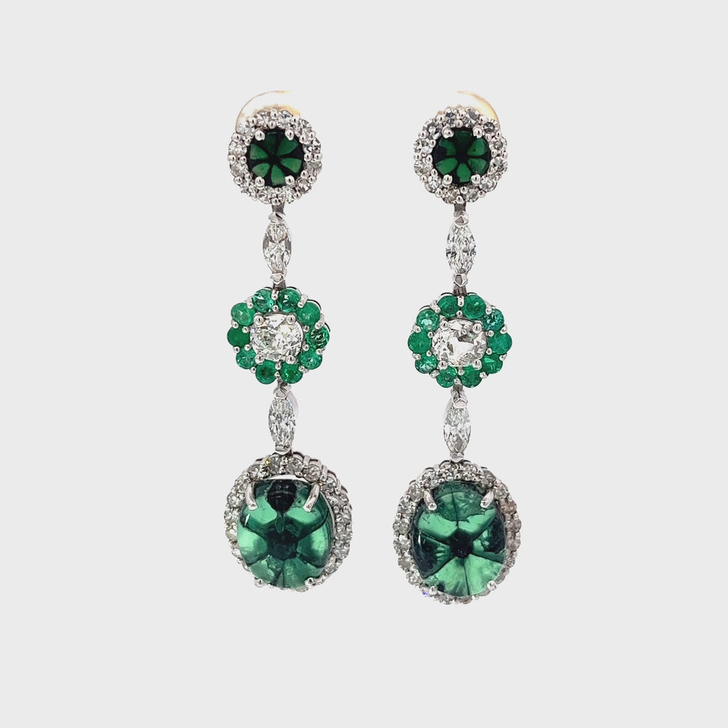 18k White Gold 8.35ct Trapiche Emerald, 1.03ct Old Mine Cut Round Diamond, .95ct Colombian Round Emeralds and .65ct G VS2 Marquise Dangle Earrings