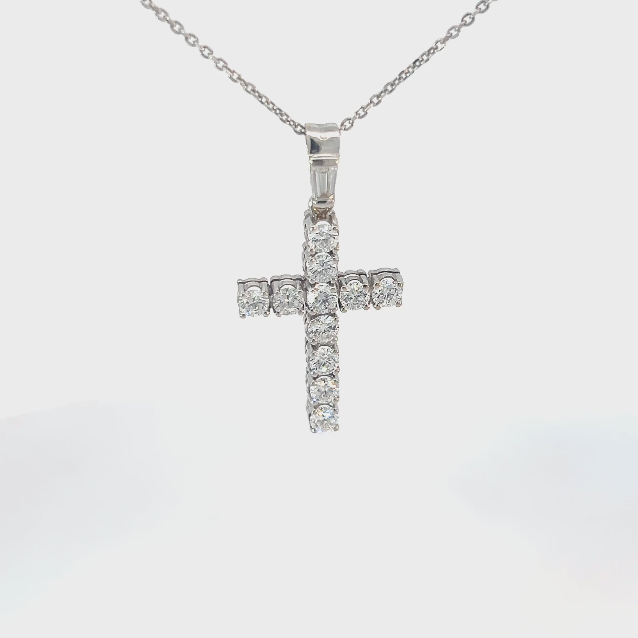 18k White Gold 1.50ct E VS2 Round Diamond Cross with a Baguette Bail Pendant