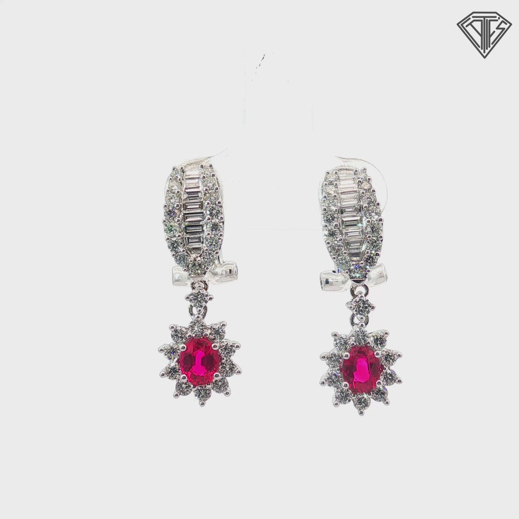 18k White Gold 1.25ct F VS2 Round and Baguette Diamond/ .90ct Oval AAAA Ruby Dangle Drop Earrings