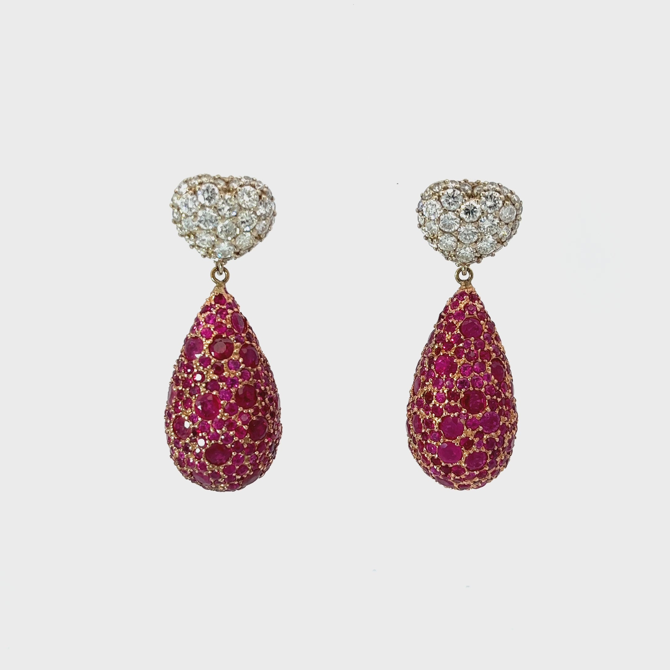 18k Yellow Gold 8.00ct Round Ruby and 2.35ct F VS2 Round Dangle Vintage Earrings