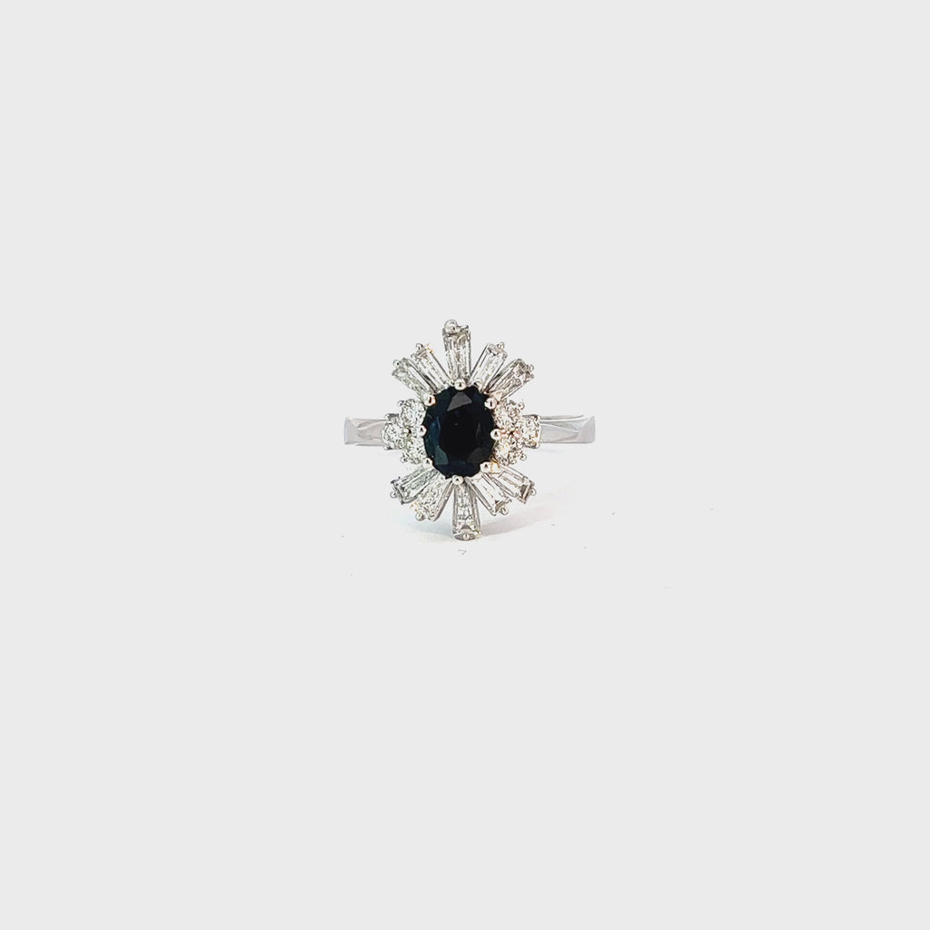 18k White Gold 1.00ct Oval Blue Sapphire and surround by 1.00ct D Vs1 Baguette and Round total weight Diamond   Ring