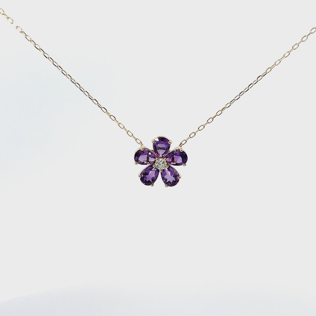 14KY 1.87CT AMETHYST AND .08CT DIAMOND FLOWER PENDANT