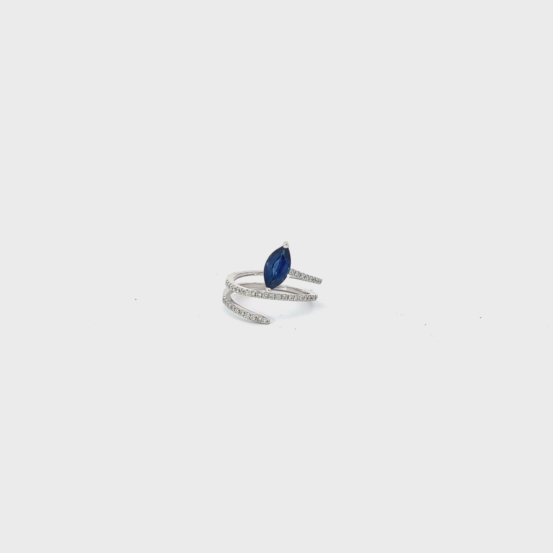 14K WHITE GOLD 1.25CT MARQUISE BLUE SAPPHIRE AA AND .25CT G VS2 DIAMOND SNAKE RING