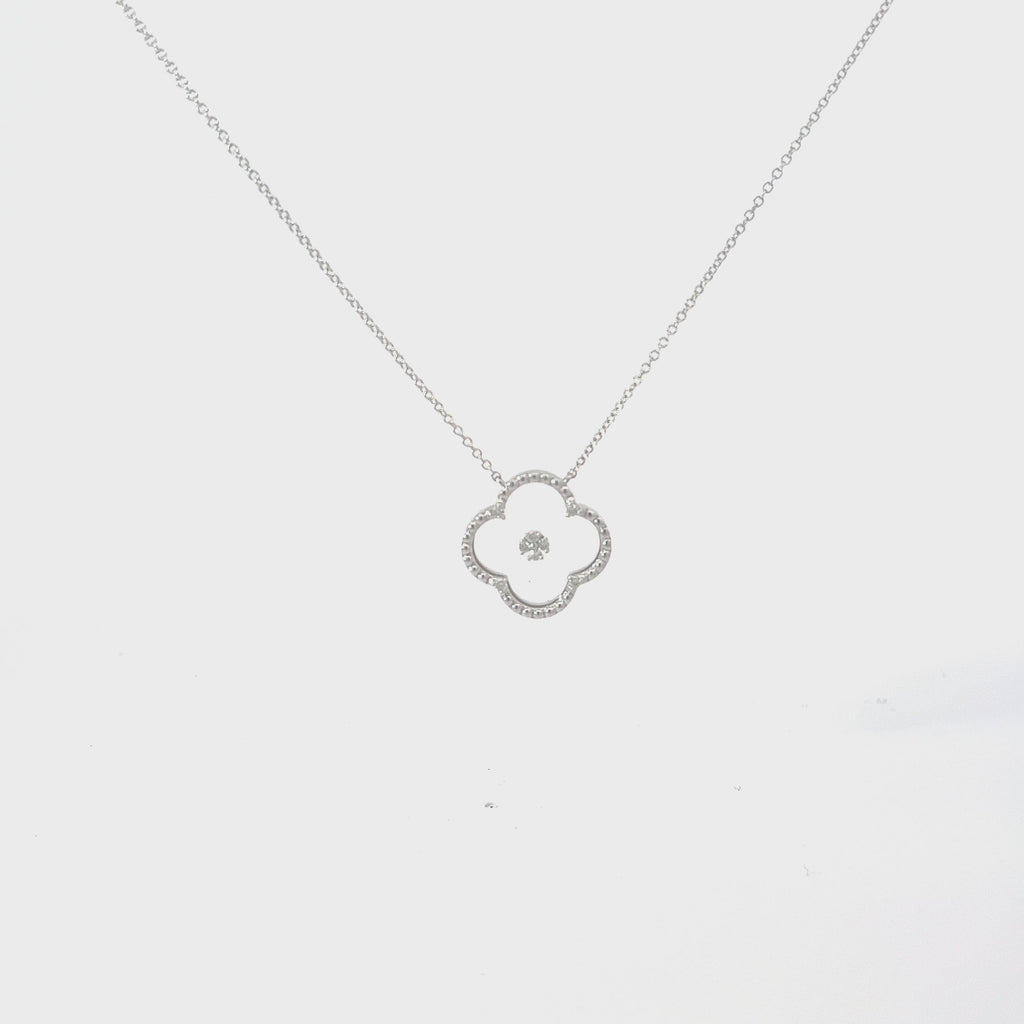 14k White Gold .10ct G SI1 Round Diamond Dotted Clover Leaf Necklace