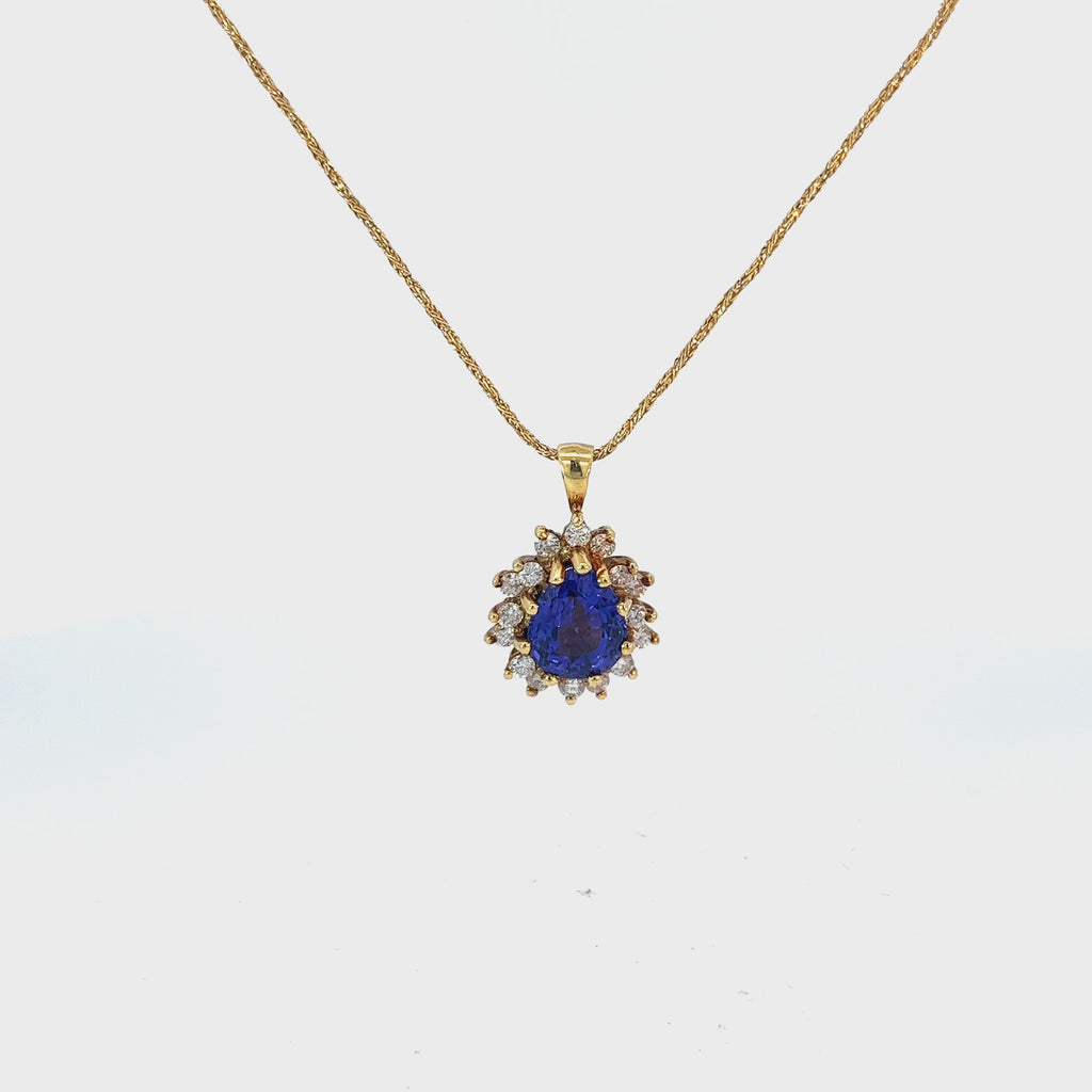 18k Yellow Gold 2.00ct Pear Shape Tanzanite and .40ct F VS2 Round Diamond Necklace