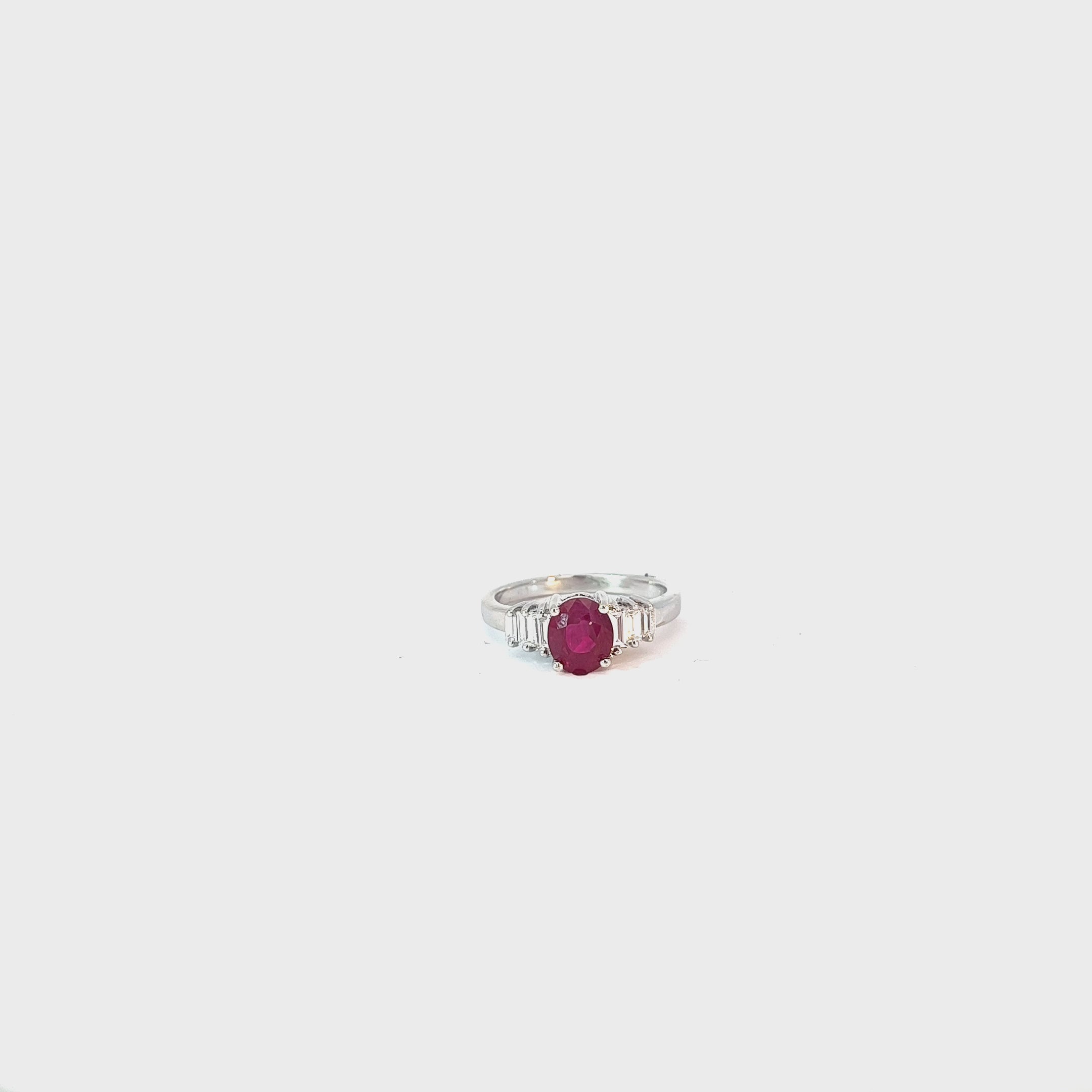 18k white gold 1.72ct Oval AA Burma Ruby and .35ct F VS2 Baguette Diamond ring Certified by GIA # 7235106134