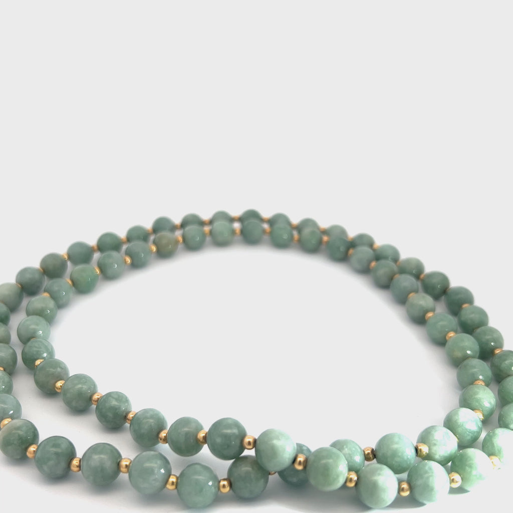 Vintage Jade 8mm and Gold Bead 3mm Necklace 28" inch