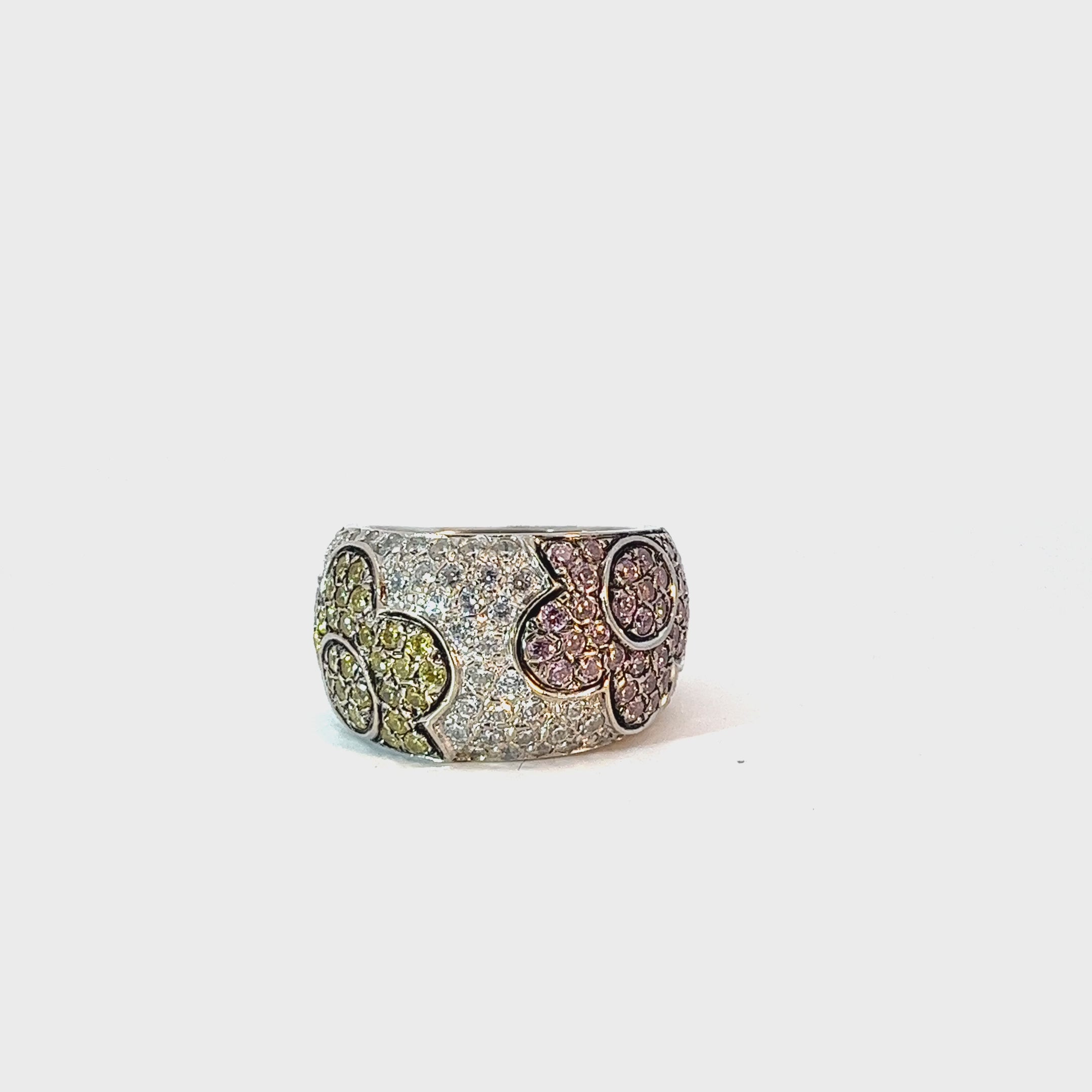 18k White Gold 2.00ct Pink and Yellow Round total weight Sapphire and Surround by 1.35ct G VS2 Round Diamond Ring