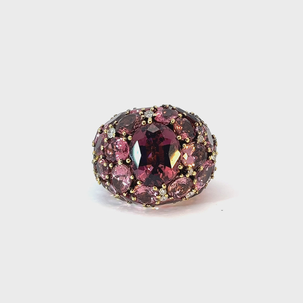 18k Yellow Gold 12.00ct Oval Shape Center Pink Tourmaline/ 30.00ct Oval Shape Pink Tourmalines Perfectly Matched Total Weight around and .62ct F SI1 Round Diamond Ring