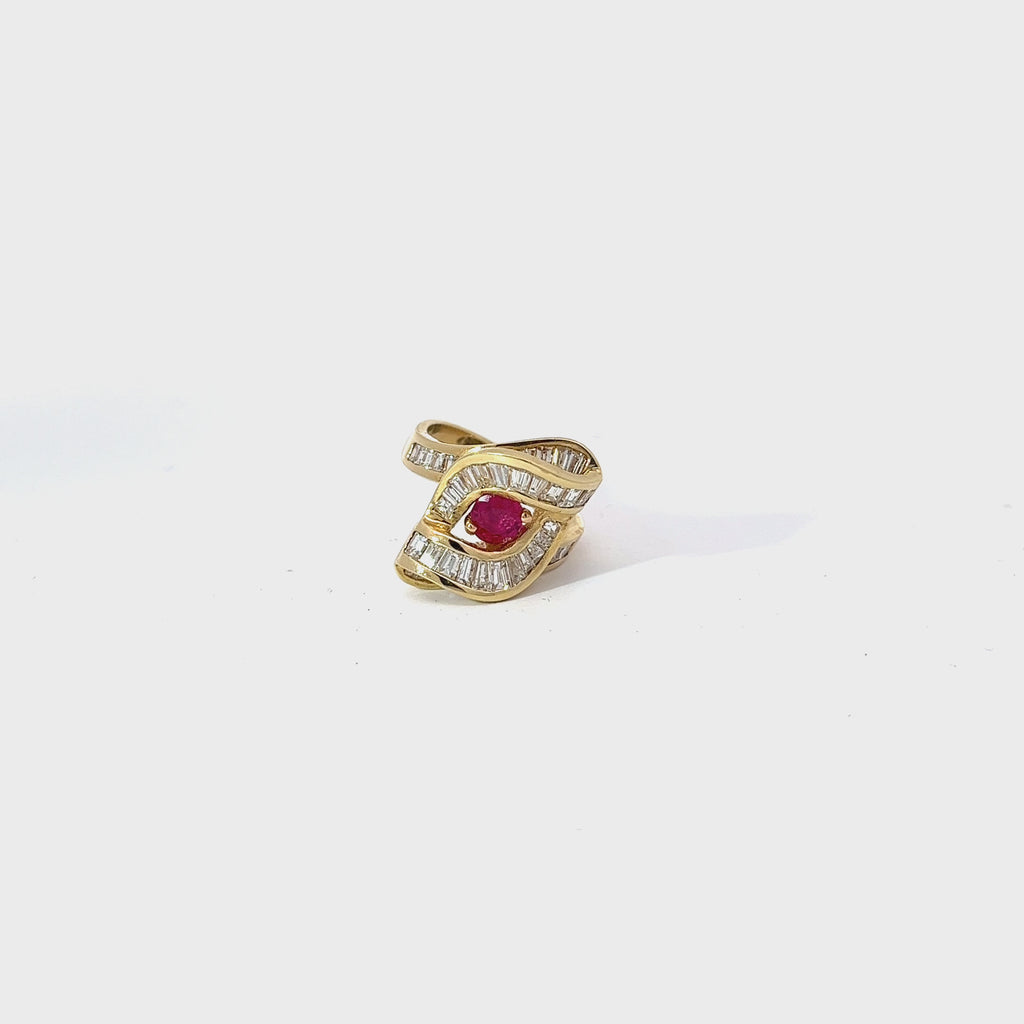 14k Yellow Gold 1.63ct F VS1 Baguette Diamond and .77ct Round Burma Ruby Ring Certified By GIA # 2205220757