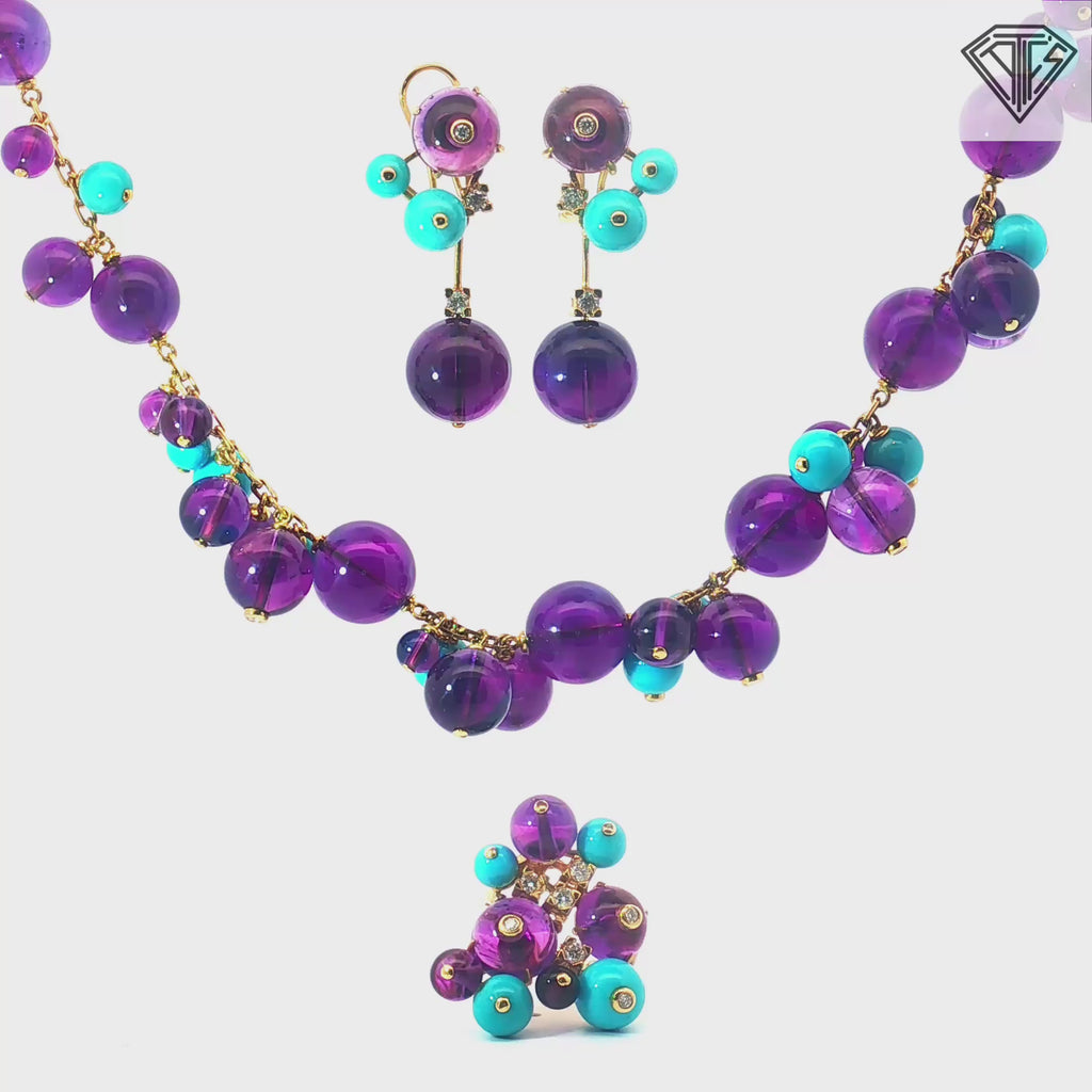 18k Yellow Gold Italian Amethyst, Turquoise and Round Diamond Demi Parure Necklace, Earrings and Ring Size 6.5 Set