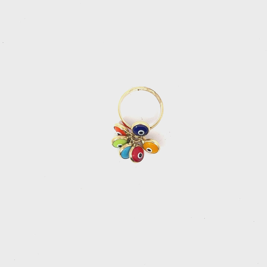14K YELLOW GOLD MULTI COLOR EVIL EYE RING