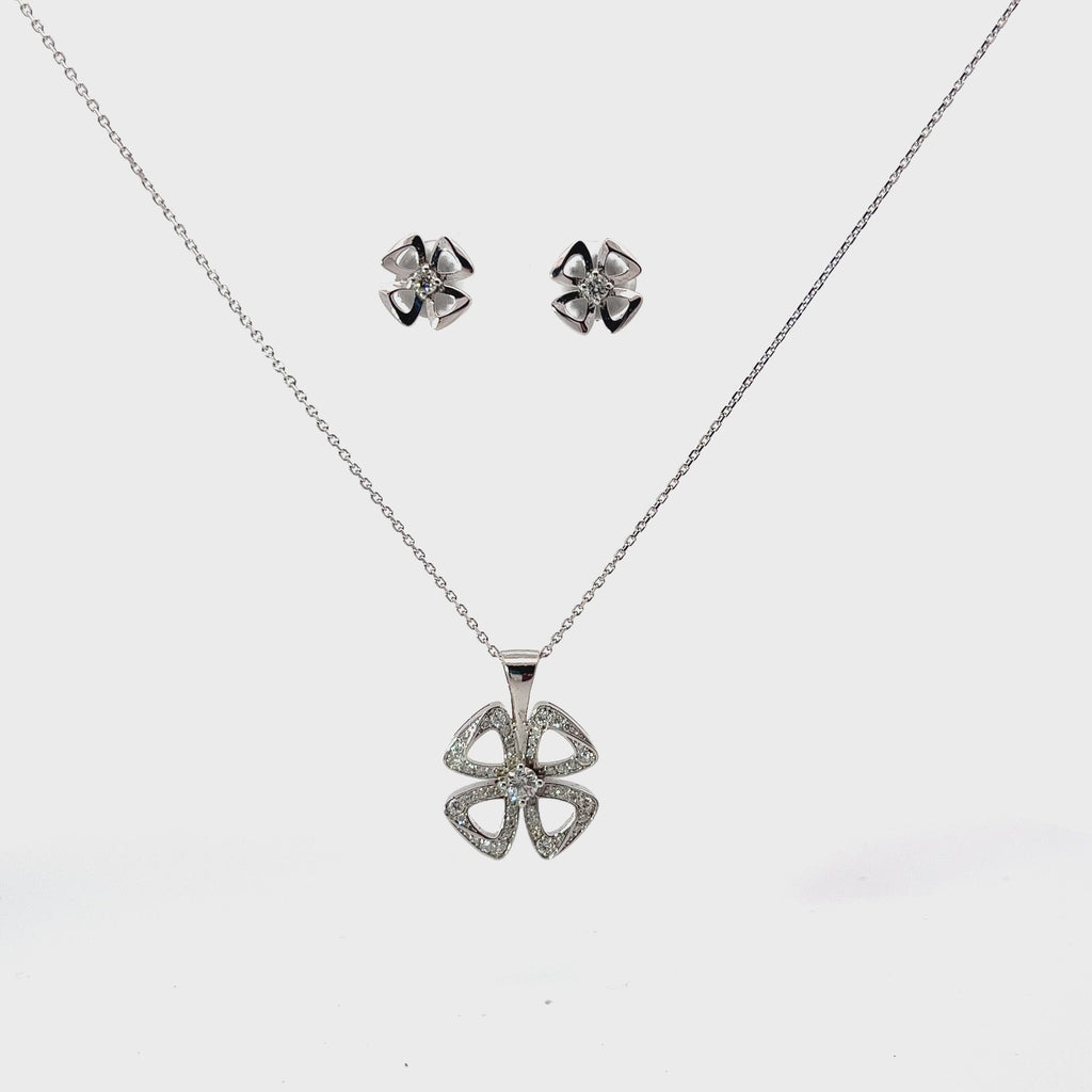 14k White Gold .50ct G VS2 Round Diamond Clover Necklace and Earrings Set