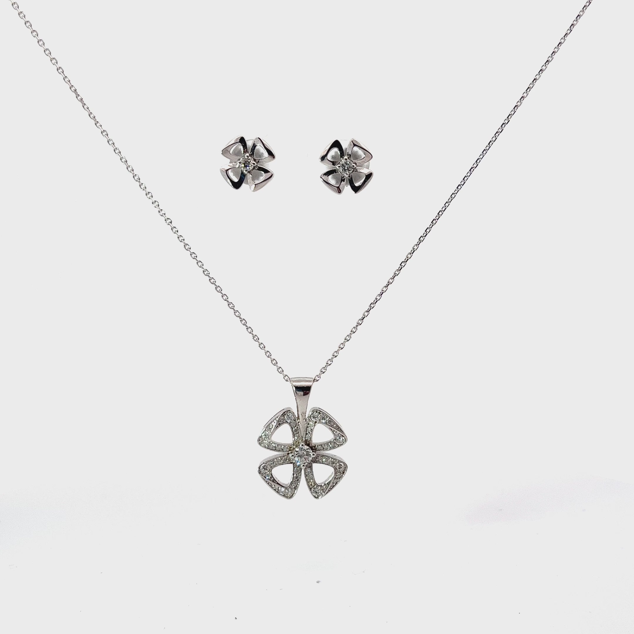 14k White Gold .50ct G VS2 Round Diamond Clover Necklace and Earrings Set