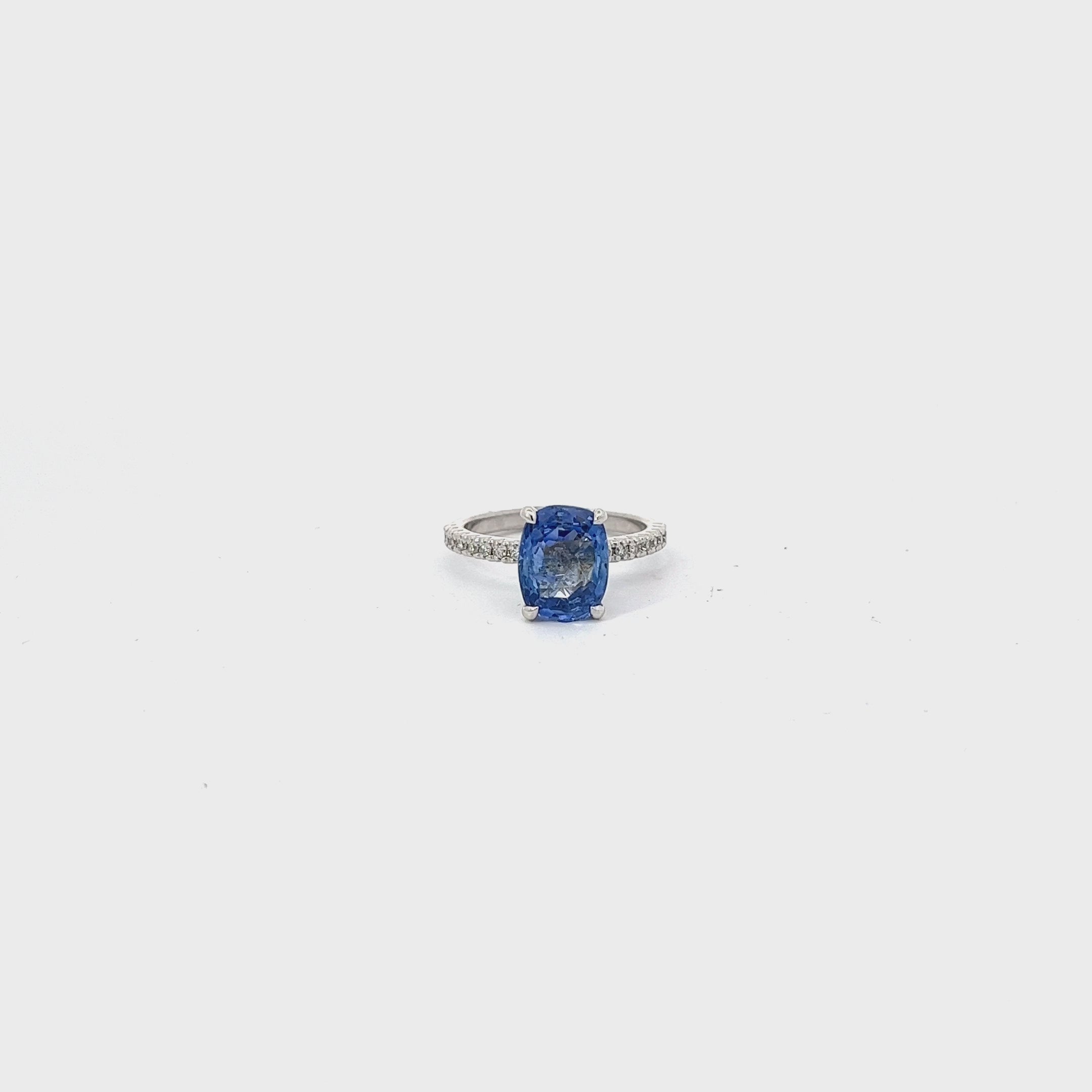 Platinum 3.12ct Ceylon Sapphire Cushion / .15ct G VS2 Round Diamond Solitaire Ring