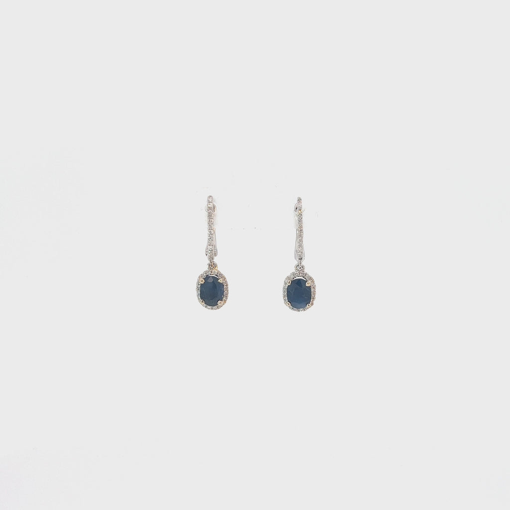 18k White Gold 1.45ct Blue Sapphire and .25ct G SI1 Round Diamond Drop Earrings