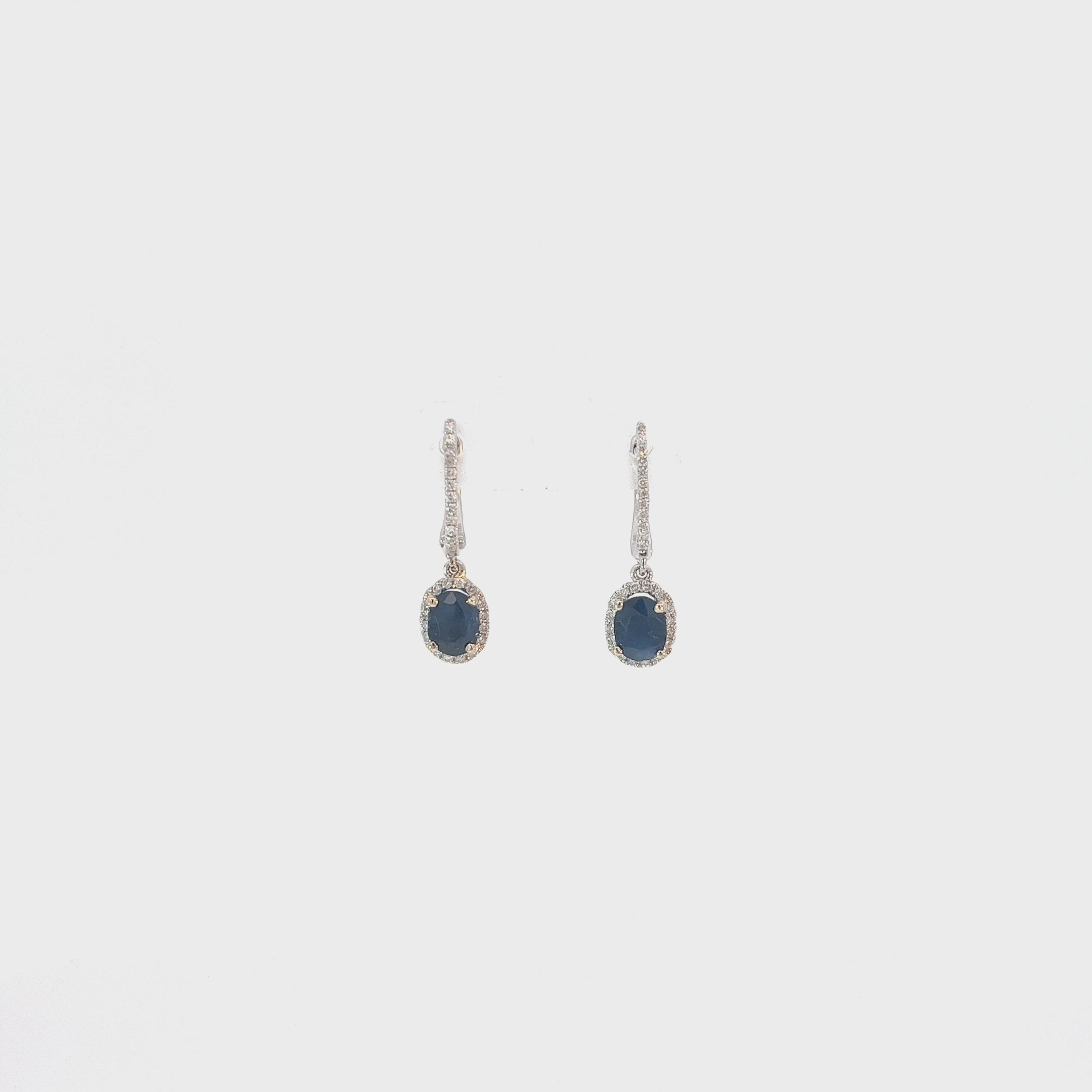 18k White Gold 1.45ct Blue Sapphire and .25ct G SI1 Round Diamond Drop Earrings