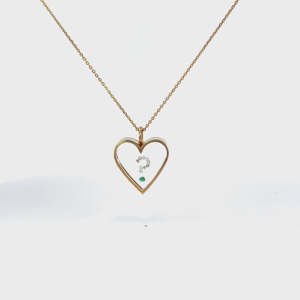 14k Yellow Gold .12ct F VS2 Round Diamond, Ruby and Colombian Emerald Stone Transparent Heart Necklace