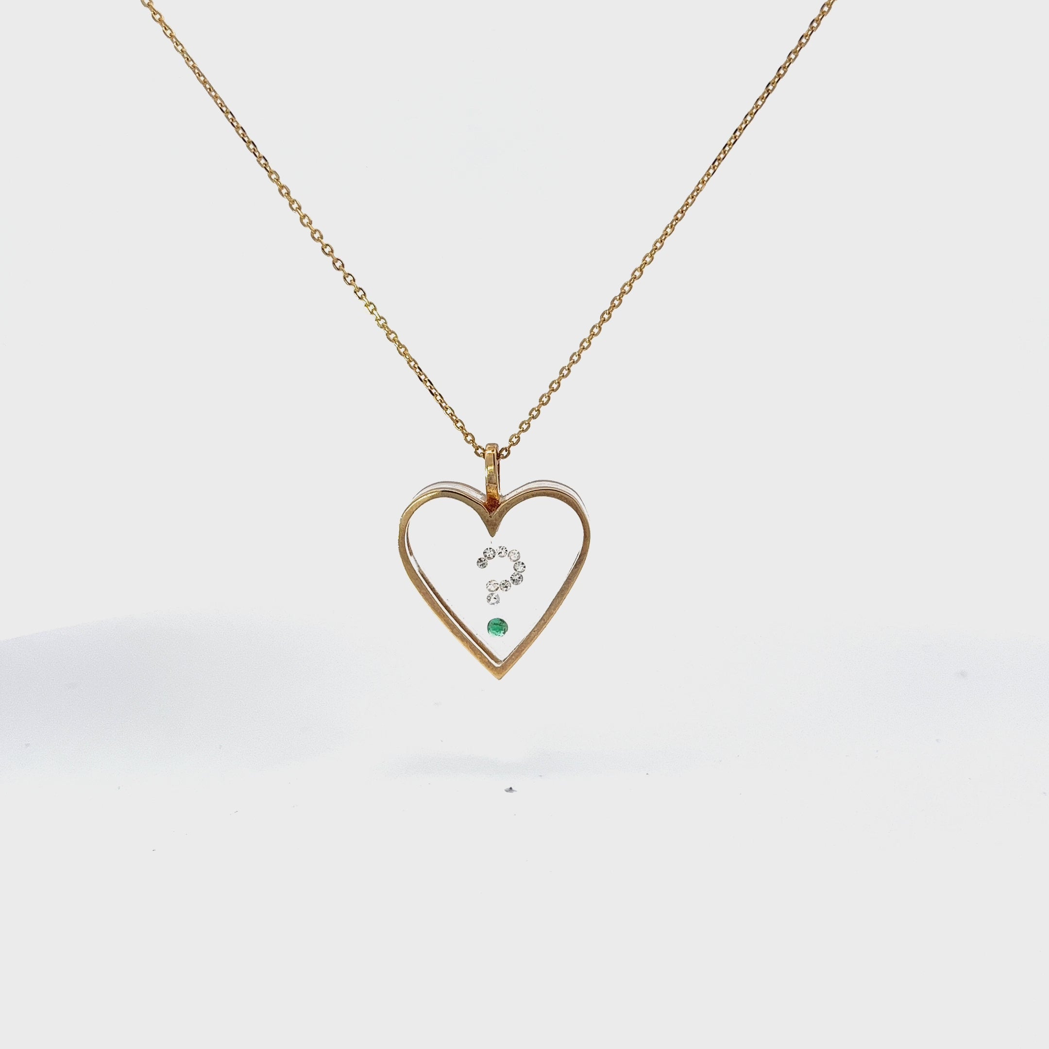 14k Yellow Gold .12ct F VS2 Round Diamond, Ruby and Colombian Emerald Stone Transparent Heart Necklace