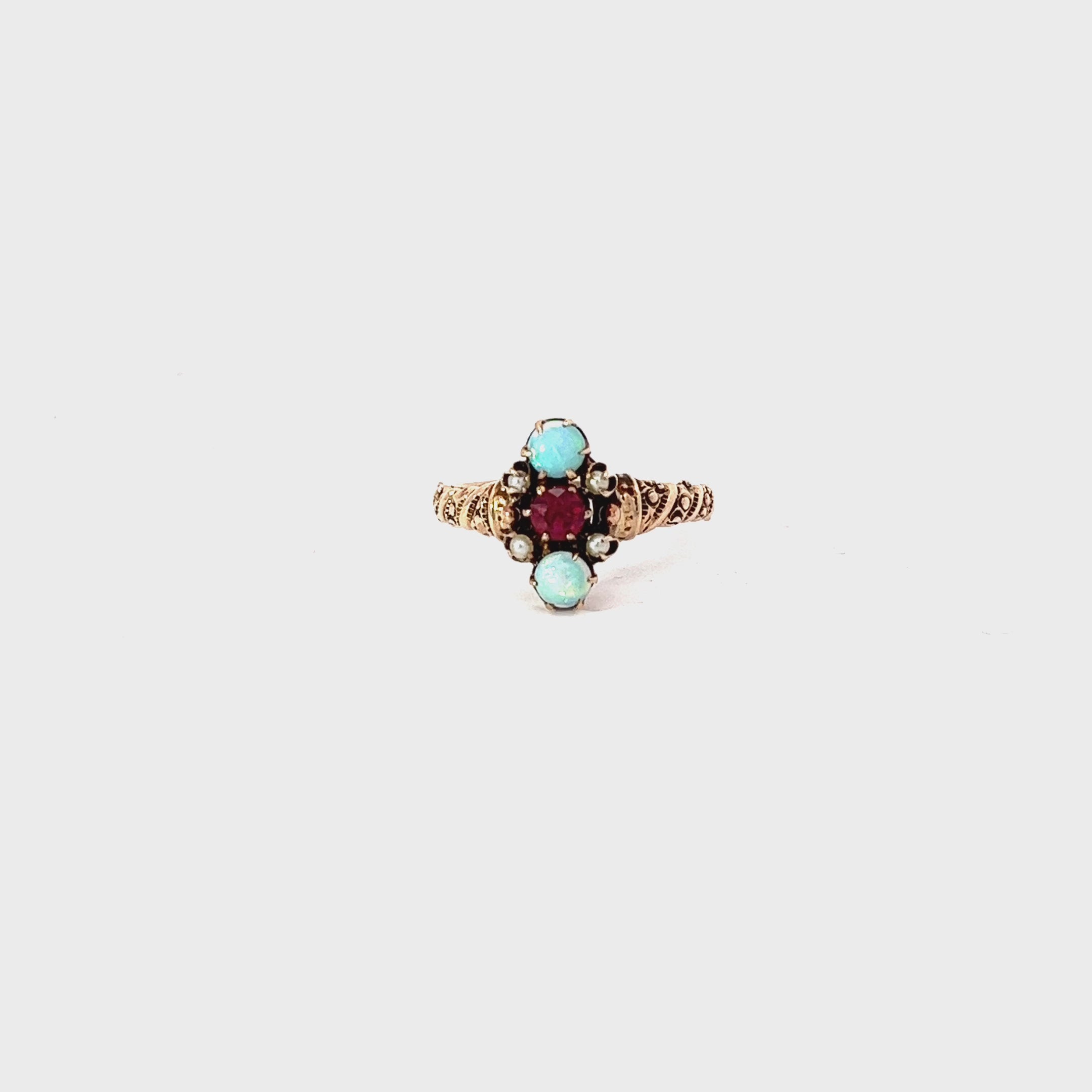 14k Rose Gold Vintage Opal, Pearl and Ruby Ring