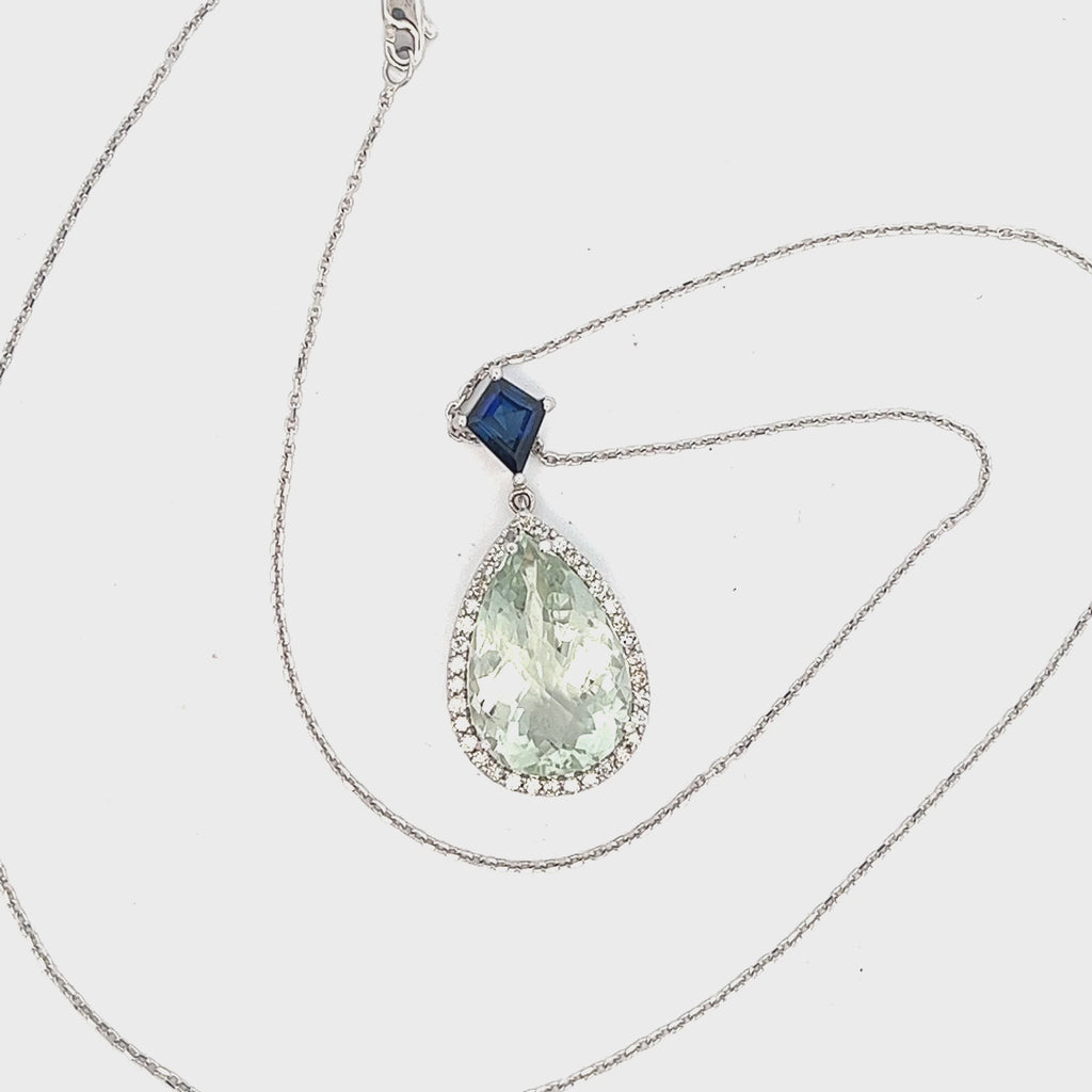 14K WHITE GOLD 10CT PEAR SHAPE GREEN AMETHYST/ .30CT DIAMOND AND KITE SHAPE CREATED BLUE SAPPHIRE