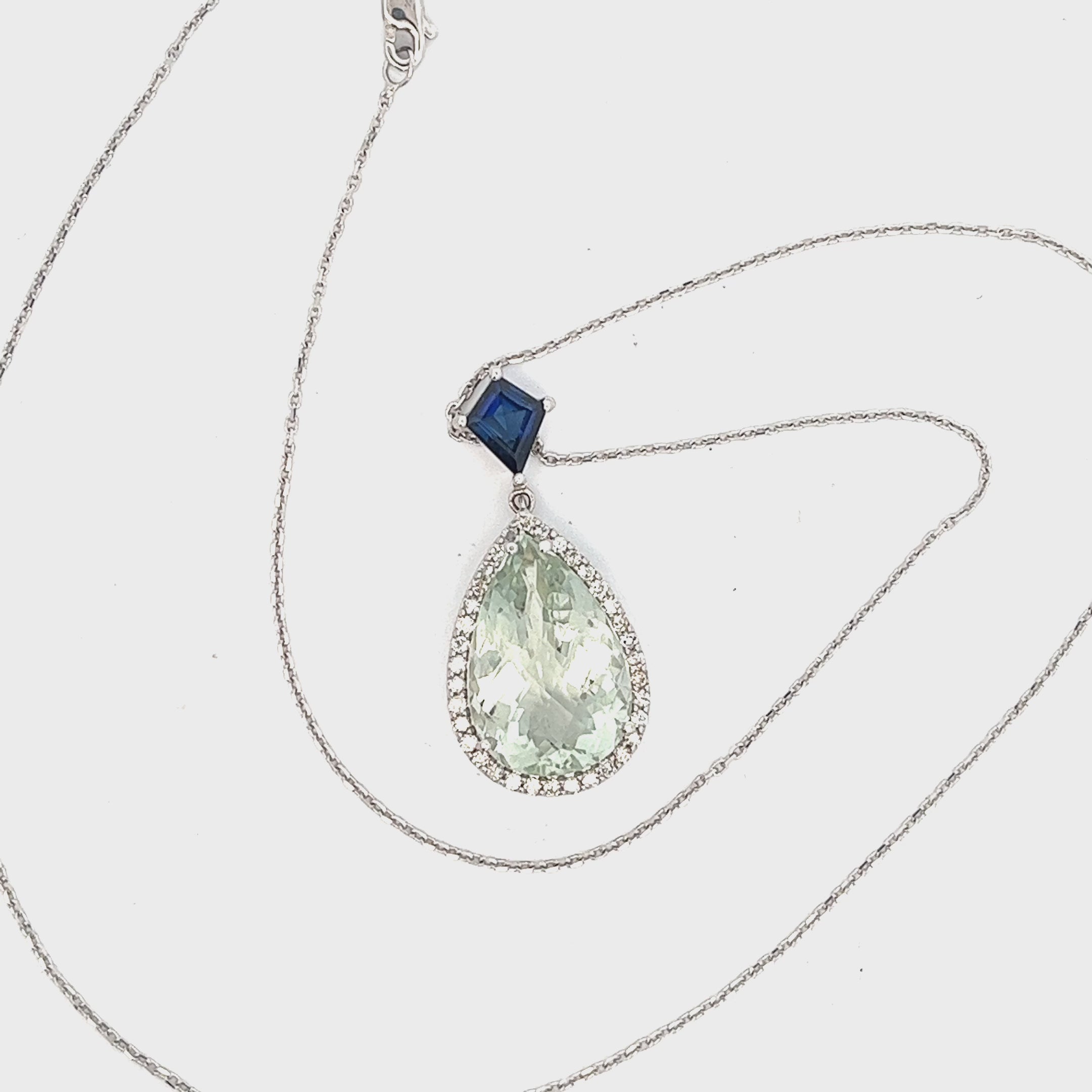 14K WHITE GOLD 10CT PEAR SHAPE GREEN AMETHYST/ .30CT DIAMOND AND KITE SHAPE CREATED BLUE SAPPHIRE