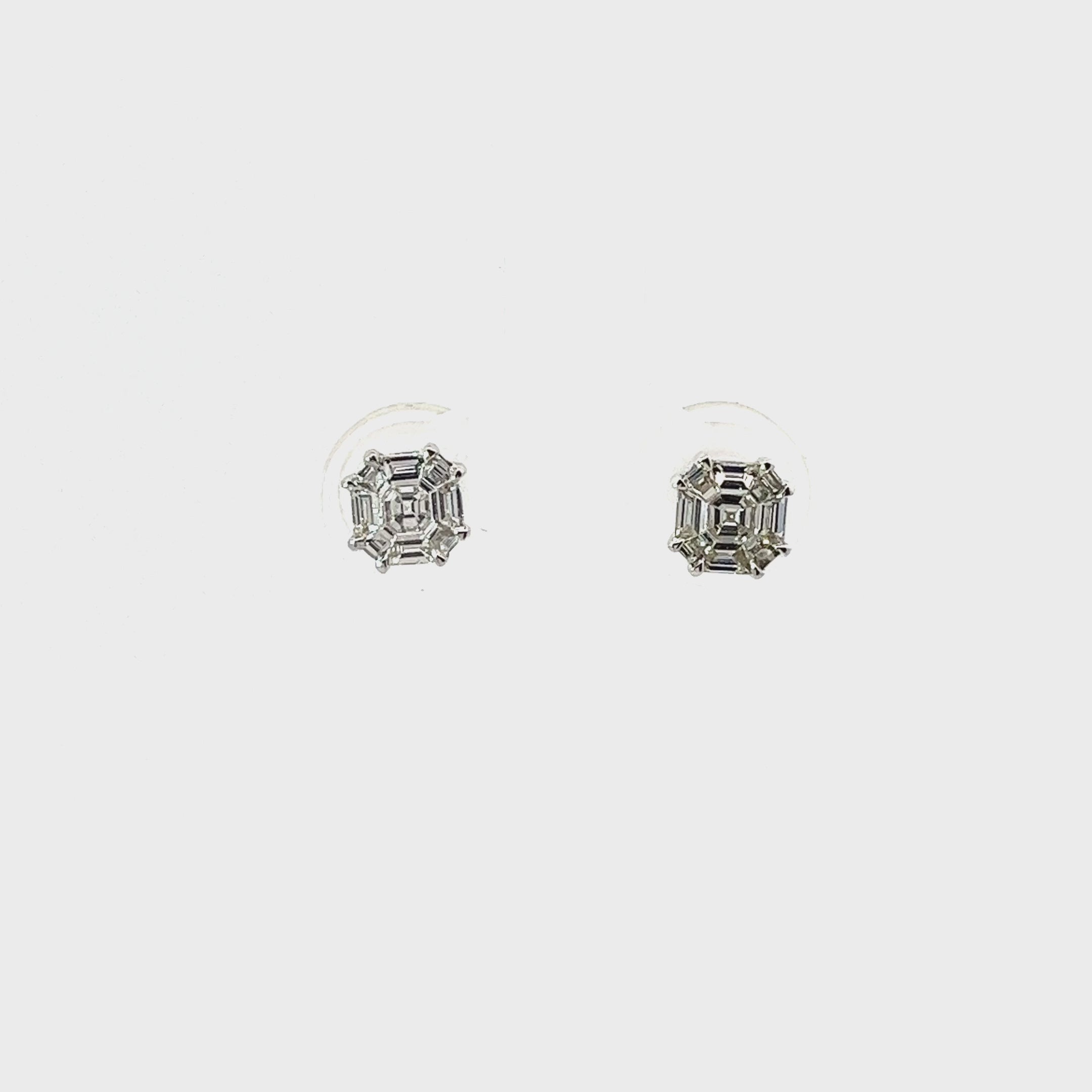 Ladies 14k white gold Ascher Cut Cluster diamond earrings