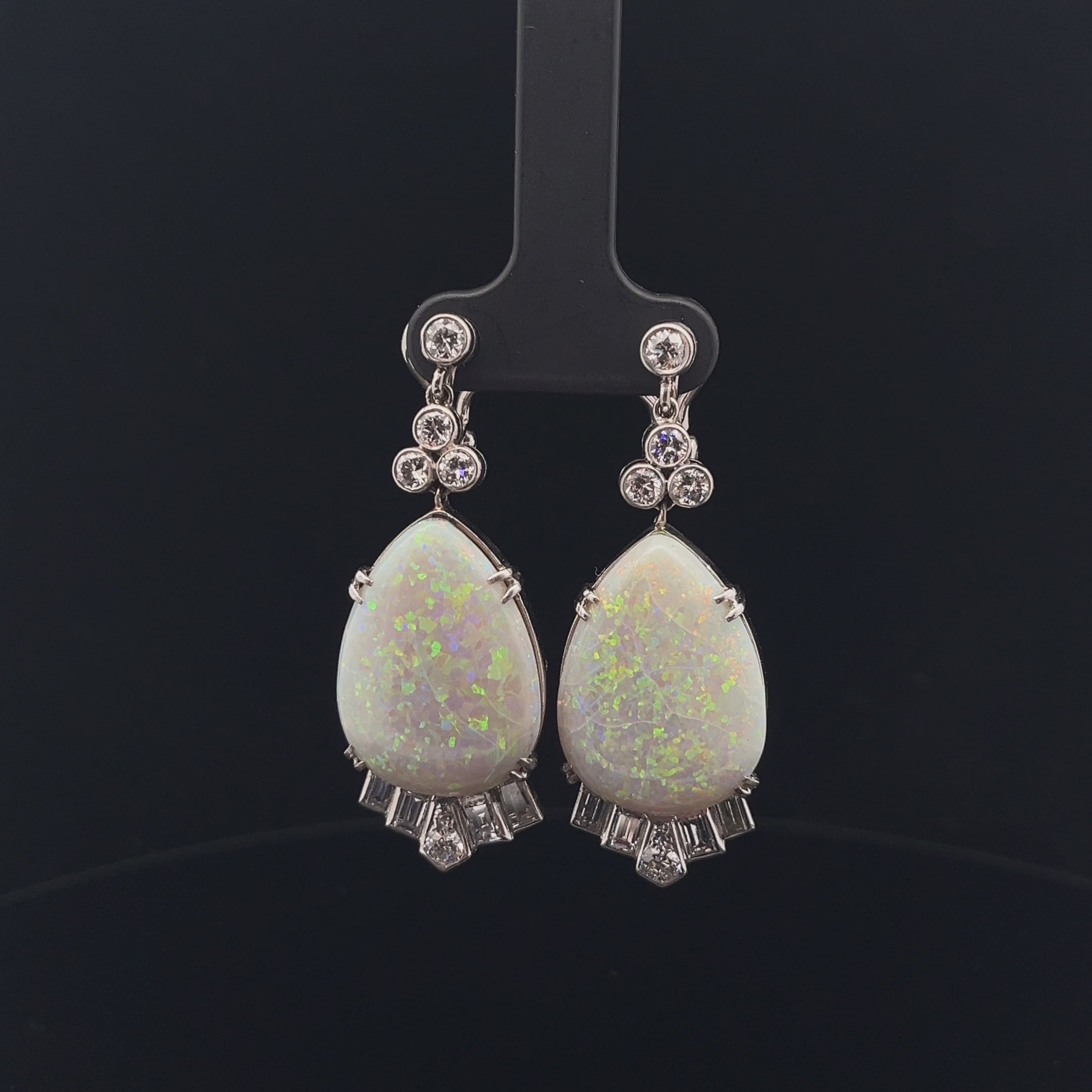 Platinum 20.00ct Pear Shape Opal and 2.00ct F VS2  Round and Baguette Shape Diamond Vintage Drop Earrings