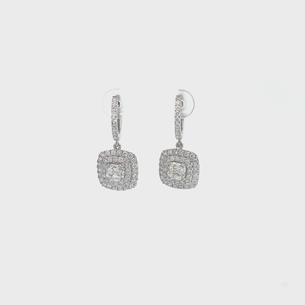 18K WHITE GOLD 1.43CT CUSHION CUT AND 1.50CT ROUND G VS2 PAVE SET DROP EARRINGS