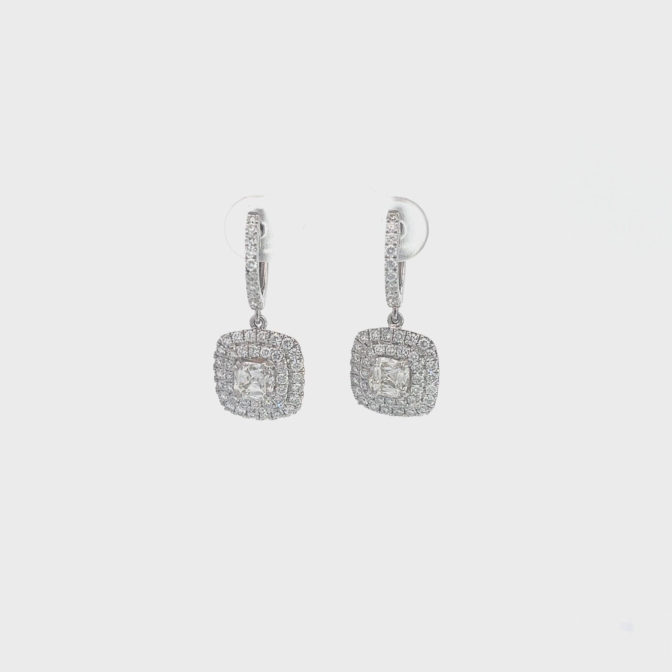 18K WHITE GOLD 1.43CT CUSHION CUT AND 1.50CT ROUND G VS2 PAVE SET DROP EARRINGS