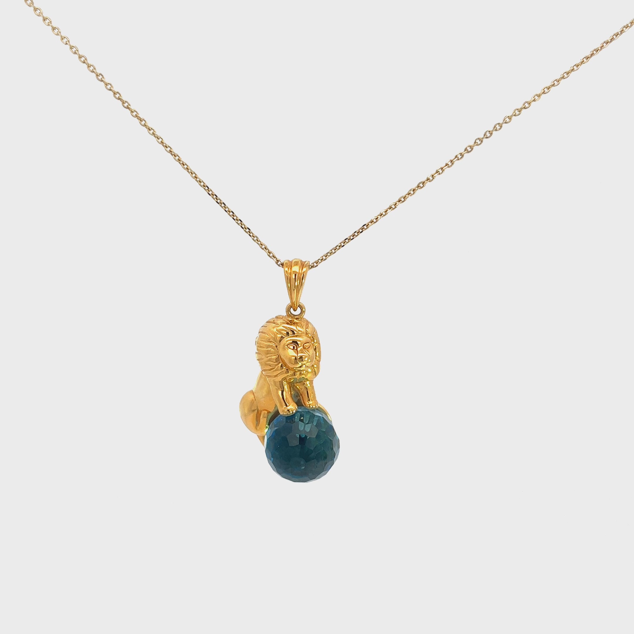14k Yellow Gold Lion Necklace with Blue Topaz Ball