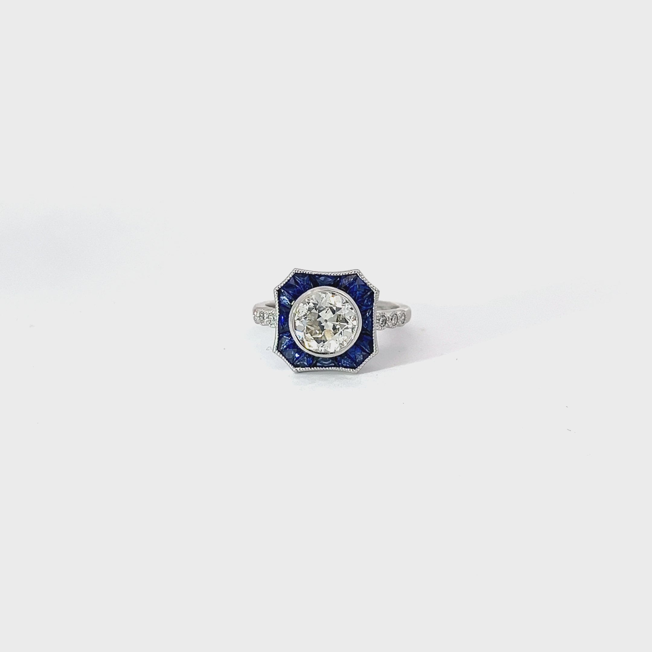 18K WHITE GOLD 1.65CT G SI1 OLD MINE CUT ROUND DIAMOND AND 1.15CT BLUE SAPPHIRE ENGAGEMENT RING