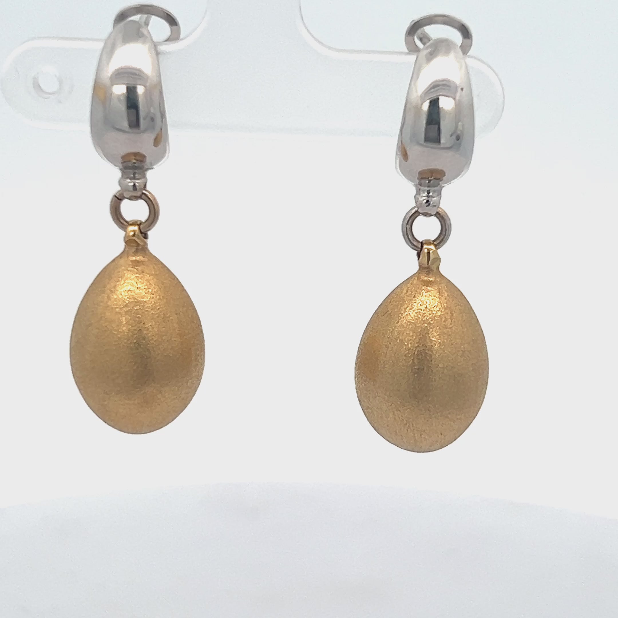 18k Two Tone 1 1/2" High Polished White Gold Omega Back with Satin Finished Puffed Tear Drop Bubble Dangle Earrings 7.4 gram
