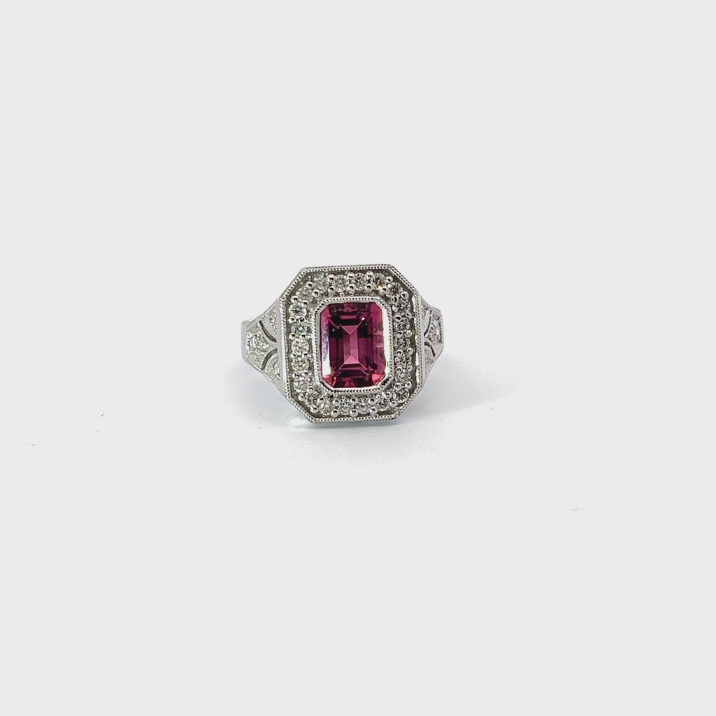 14k White Gold 1.35ct  Emerald Cut Pink Tourmaline and .35ct G VS2 Round Diamond Ring