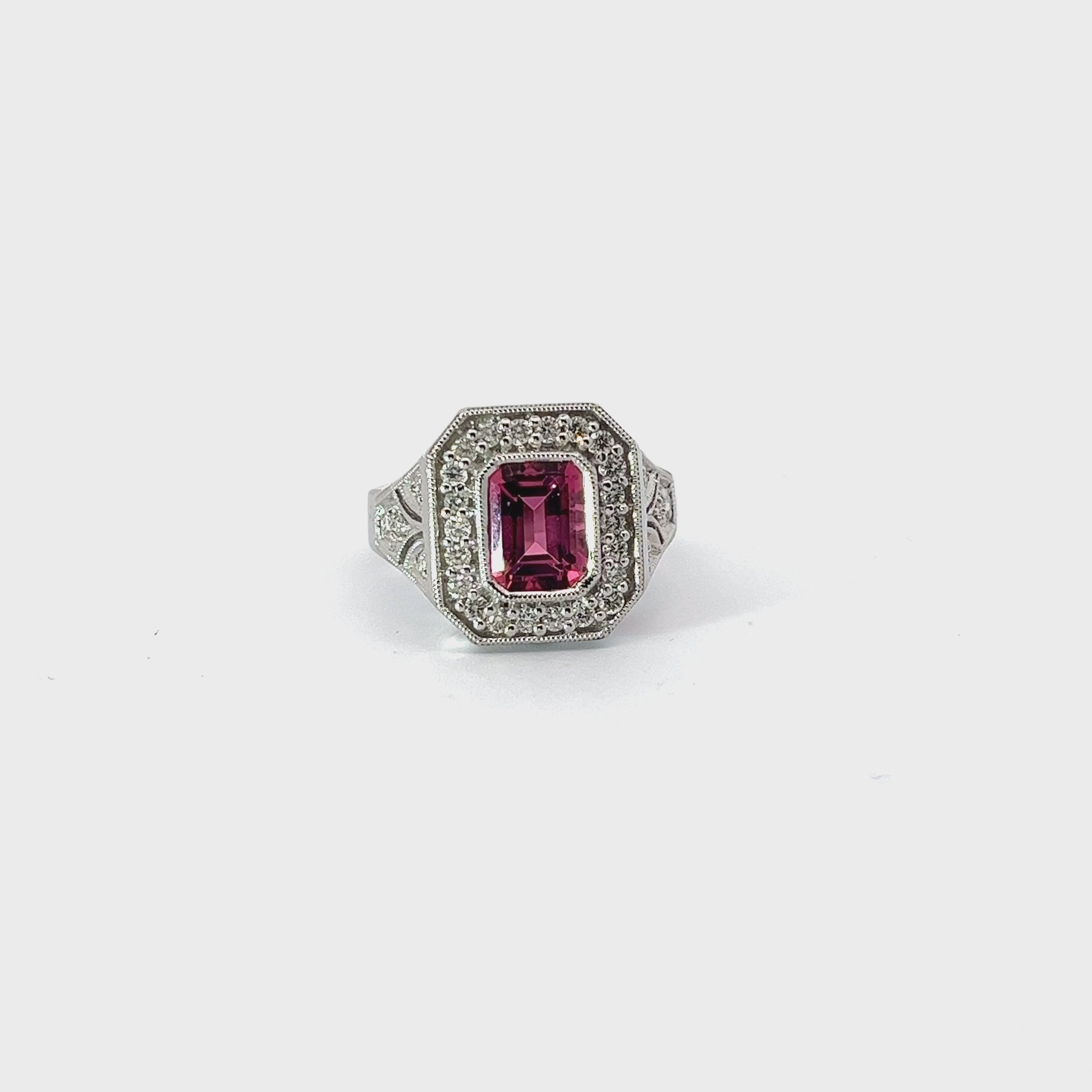 14k White Gold 1.35ct  Emerald Cut Pink Tourmaline and .35ct G VS2 Round Diamond Ring