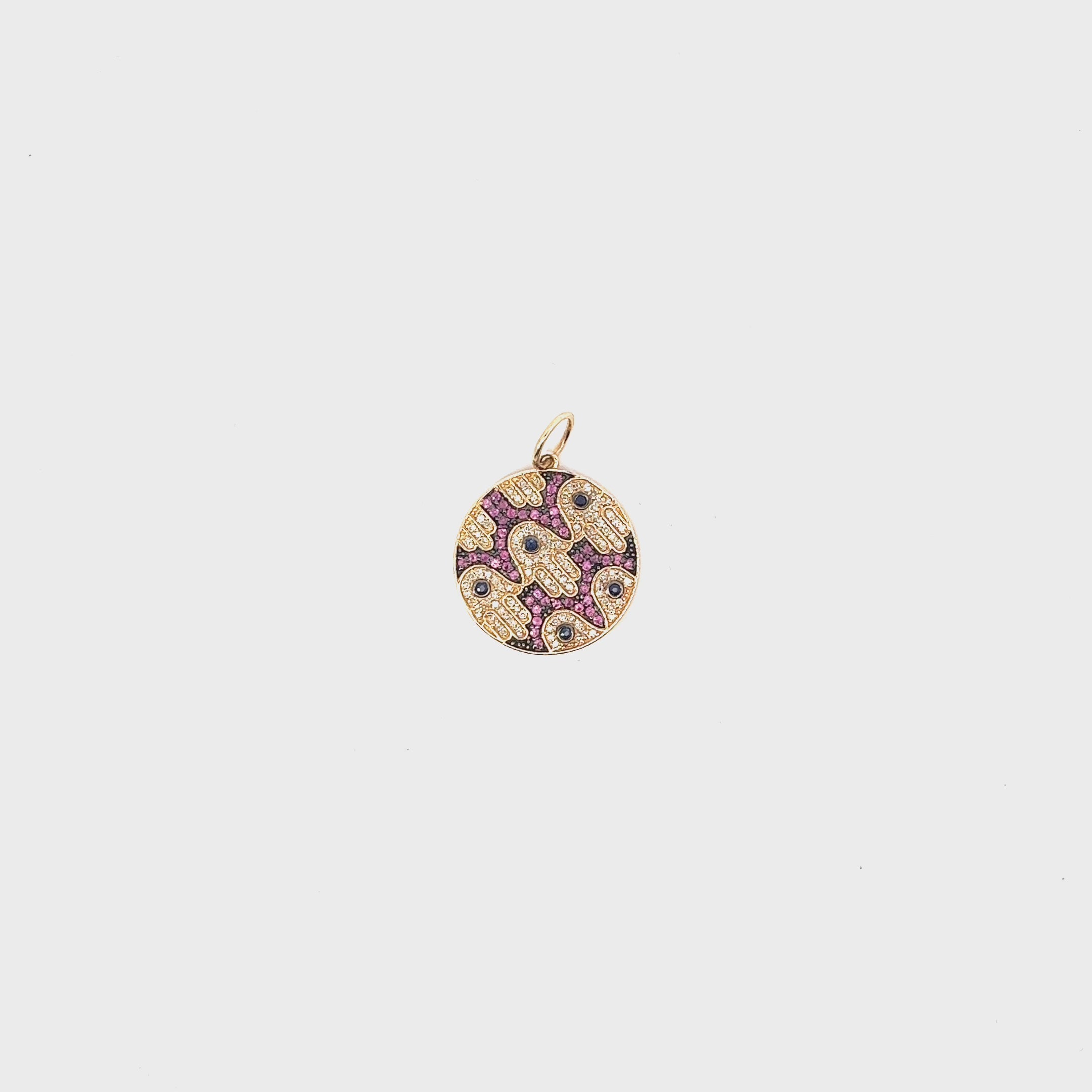 14k Yellow Gold .30ct G SI1 Round  Diamond and  Pink Sapphire HAMZA Charm 20mm 2.9 gram
