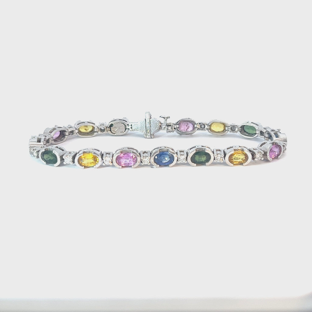 14k White Gold 8.00ct Oval Shape Multicolored Sapphire and 1.00ct G SI1 Round Diamond Bracelet