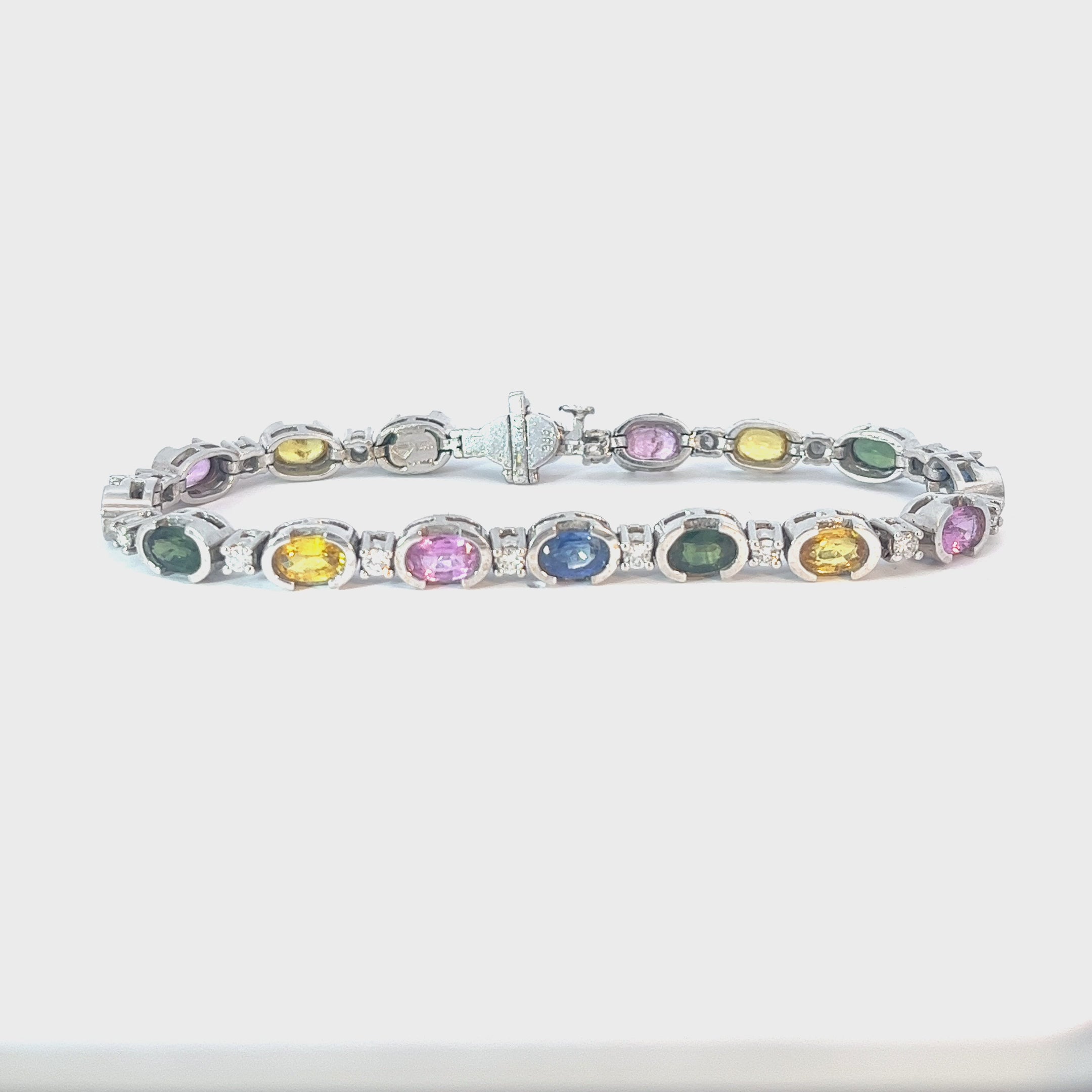 14k White Gold 8.00ct Oval Shape Multicolored Sapphire and 1.00ct G SI1 Round Diamond Bracelet