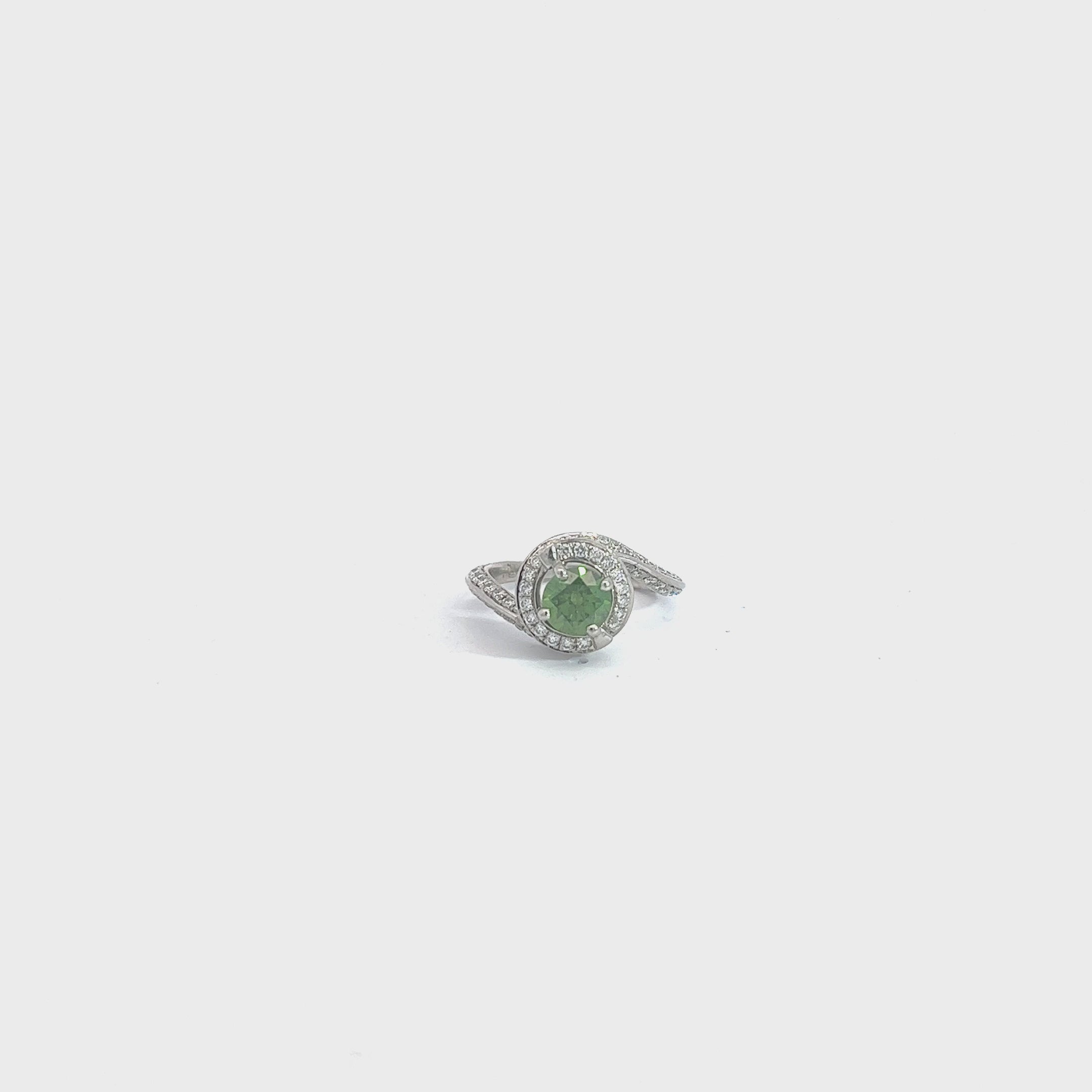 Platinum .73ct Irradiated Green Round and .75ct F VS2 Round Diamond Engagement Ring Size 4 1/4