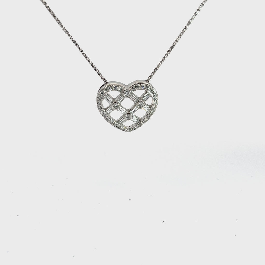 Platinum 1.13ct F VS2 Round and Baguette Diamond Heart Necklace